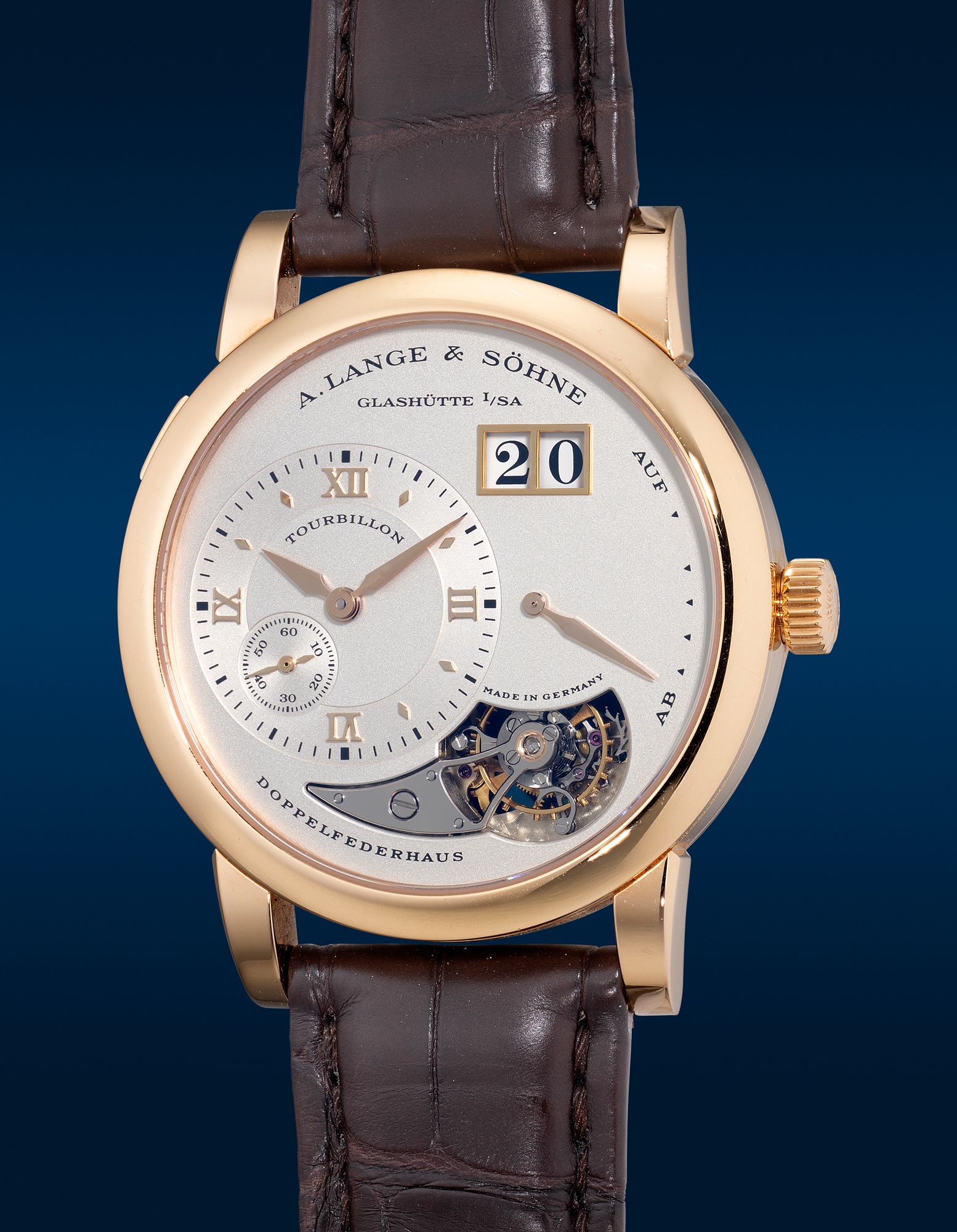 <p><strong>A. LANGE & SÖHNE</strong>, <em>Lange 1 Tourbillon ref. 704.032 in pink gold, No. 61/250,</em> Circa 2000</p>
