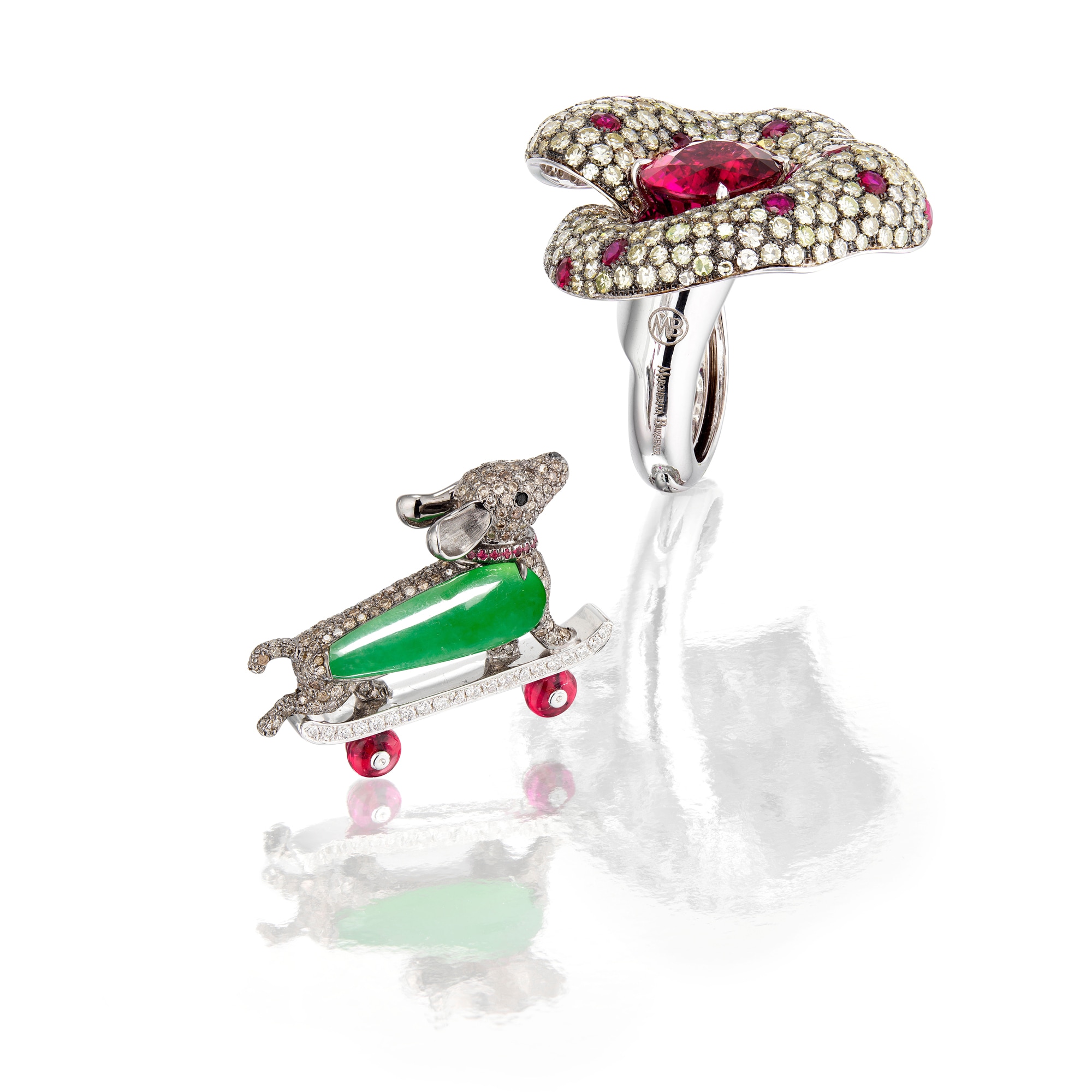 <p>A Jadeite, Ruby and Diamond &lsquo;Puppy&rsquo; Brooch</p>

<p>A Rubellite, Ruby and Diamond Ring&nbsp;<strong>MARGHERITA BURGENER</strong></p>
