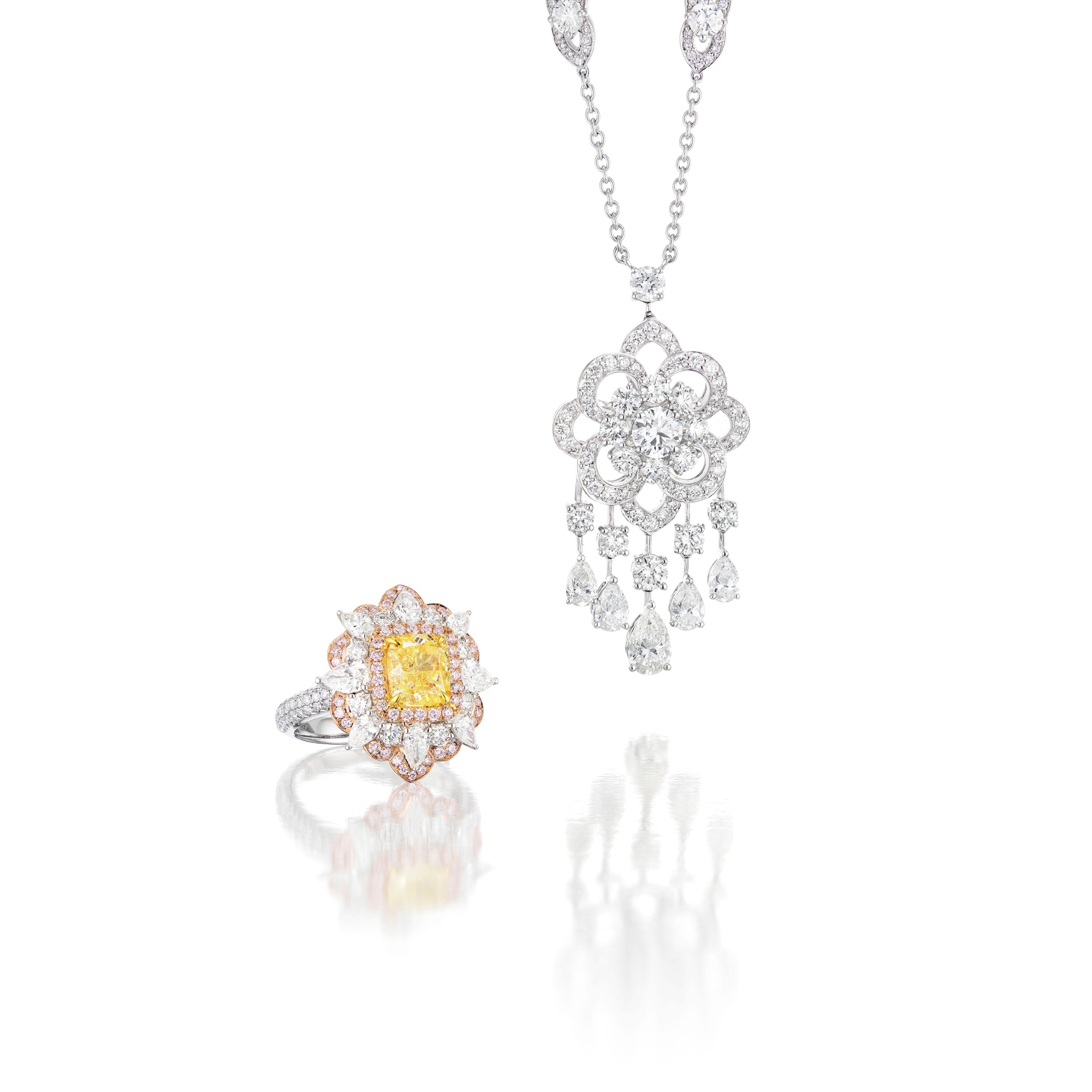 <p>A Fancy Intense Yellow Diamond, Pink Diamond and Diamond Ring</p>

<p><strong>GRAFF</strong> A Diamond Pendant Necklace</p>
