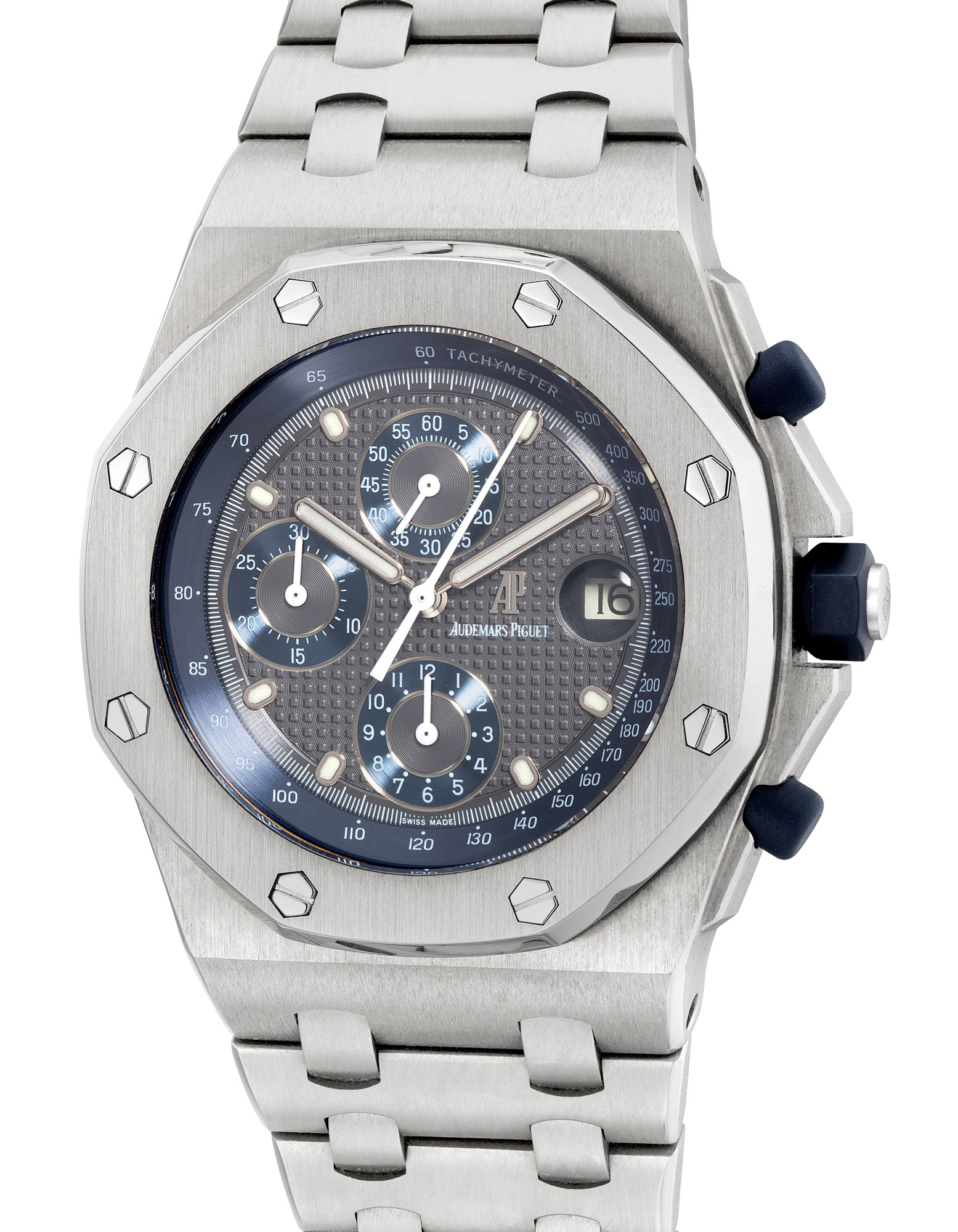 <p><strong>AUDEMARS PIGUET</strong>,&nbsp;reference 25721T1.00, A fine and attractive titanium chronograph wristwatch with grey dial, date, bracelet, warranty and box. Circa 2003</p>
