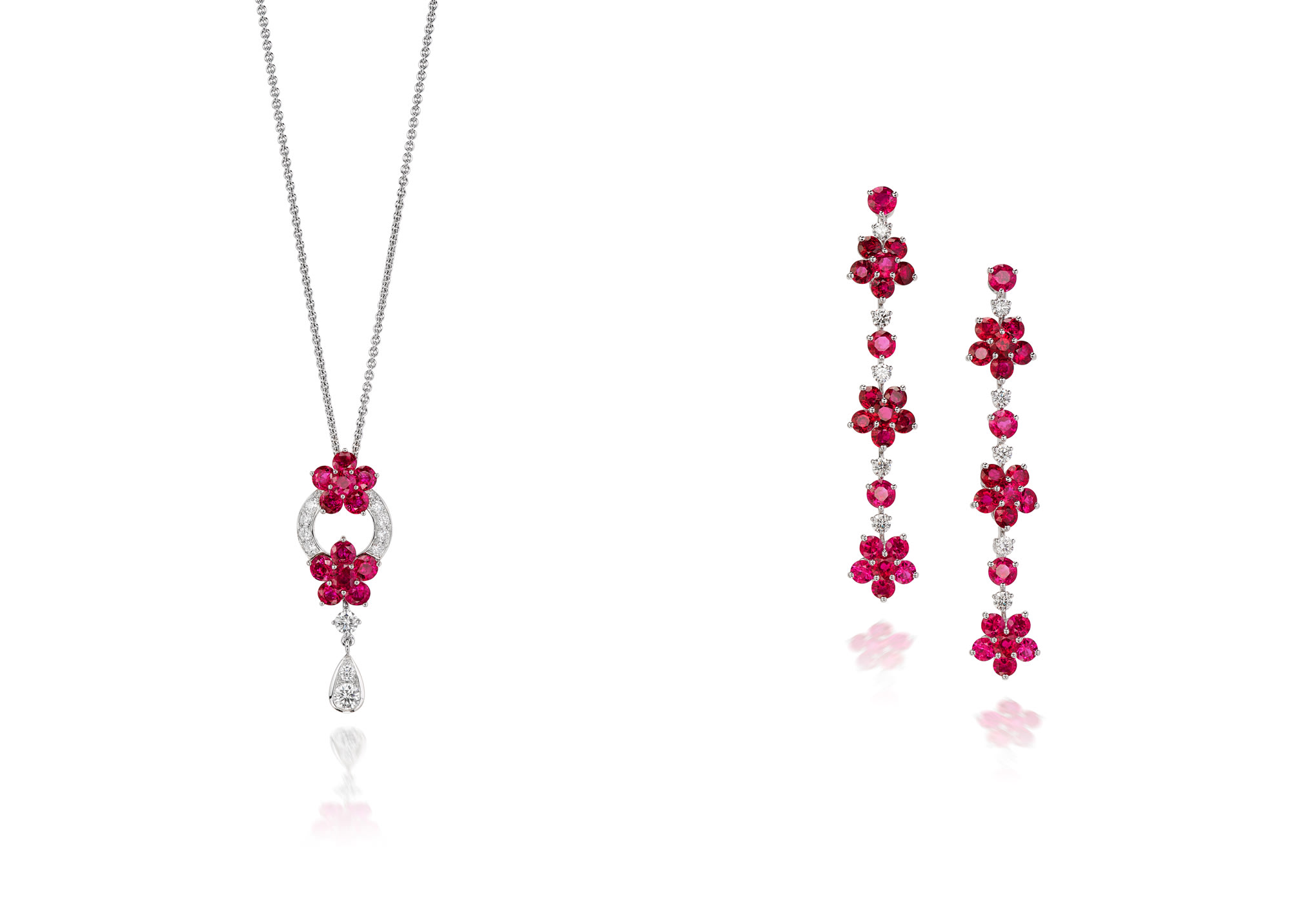 <p><strong>GRAFF</strong> A Ruby and Diamond Pendent Necklace & <strong>GRAFF</strong> A Pair of Ruby and Diamond Ear Pendants</p>