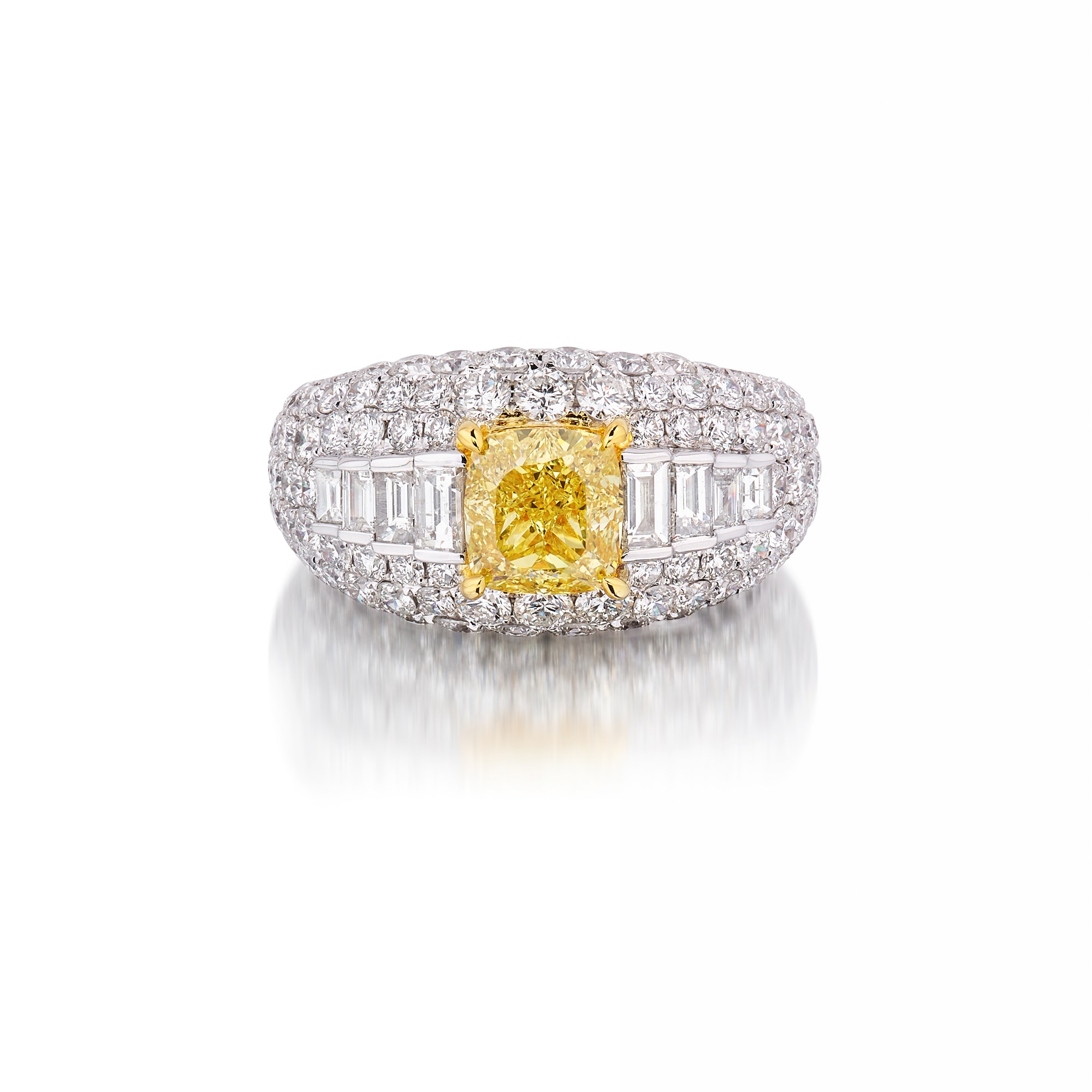 <p>A 2.02 carats Fancy Intense Yellow Diamond and Diamond Ring</p>