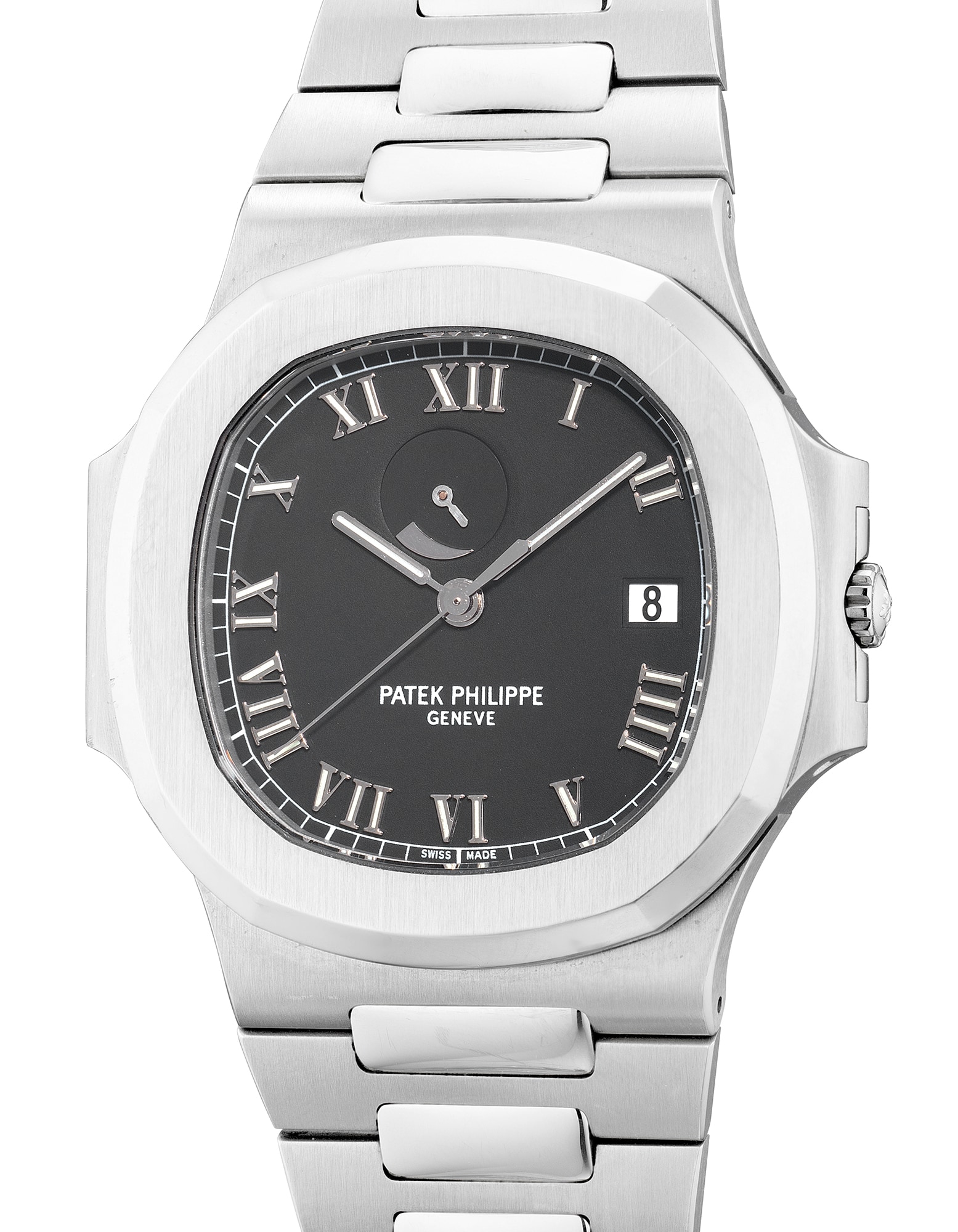 <p><strong>PATEK PHILIPPE</strong> A fine and attractive stainless steel wristwatch with center seconds, date, power reserve, Roman numerals, bracelet, Certificate of Origin and presentation box, Circa 2002</p>
