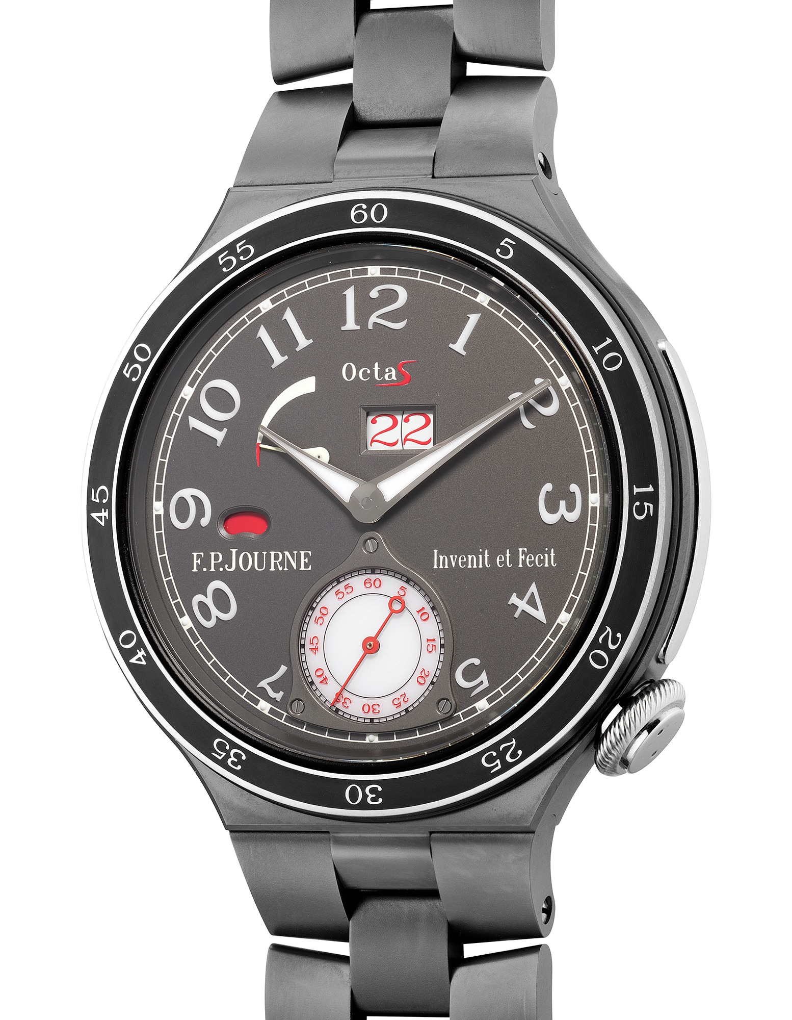 <p><strong>F. P. JOURNE</strong> A fine and attractive titanium wristwatch with large date, small seconds, day and night indication, power reserve indication, bracelet, guarantee and presentation box, Circa 2021</p>
