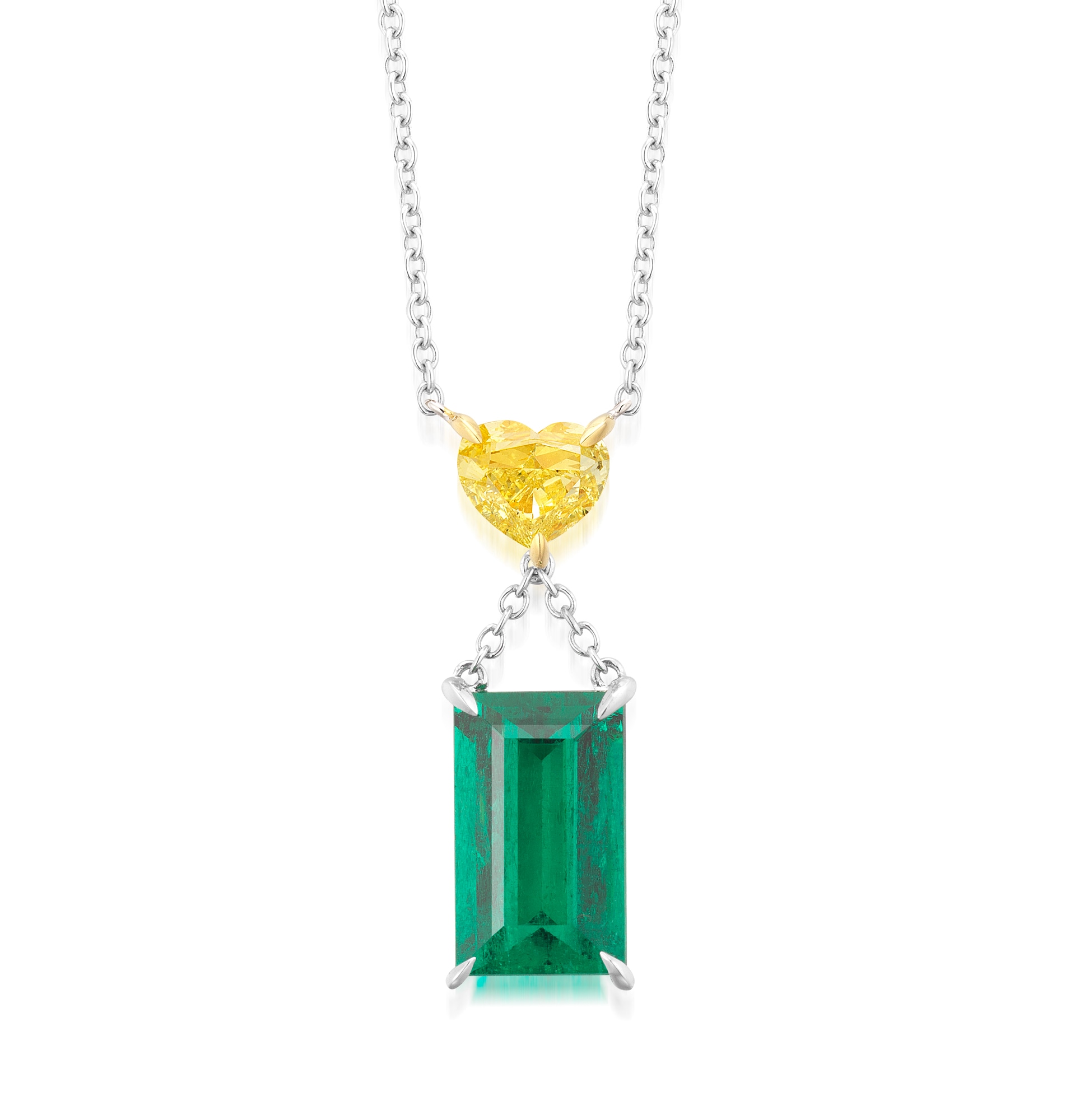 <p>A 2.43 carat Colombian Emerald and Fancy Intense Yellow Diamond Pendant Necklace&nbsp;</p>
