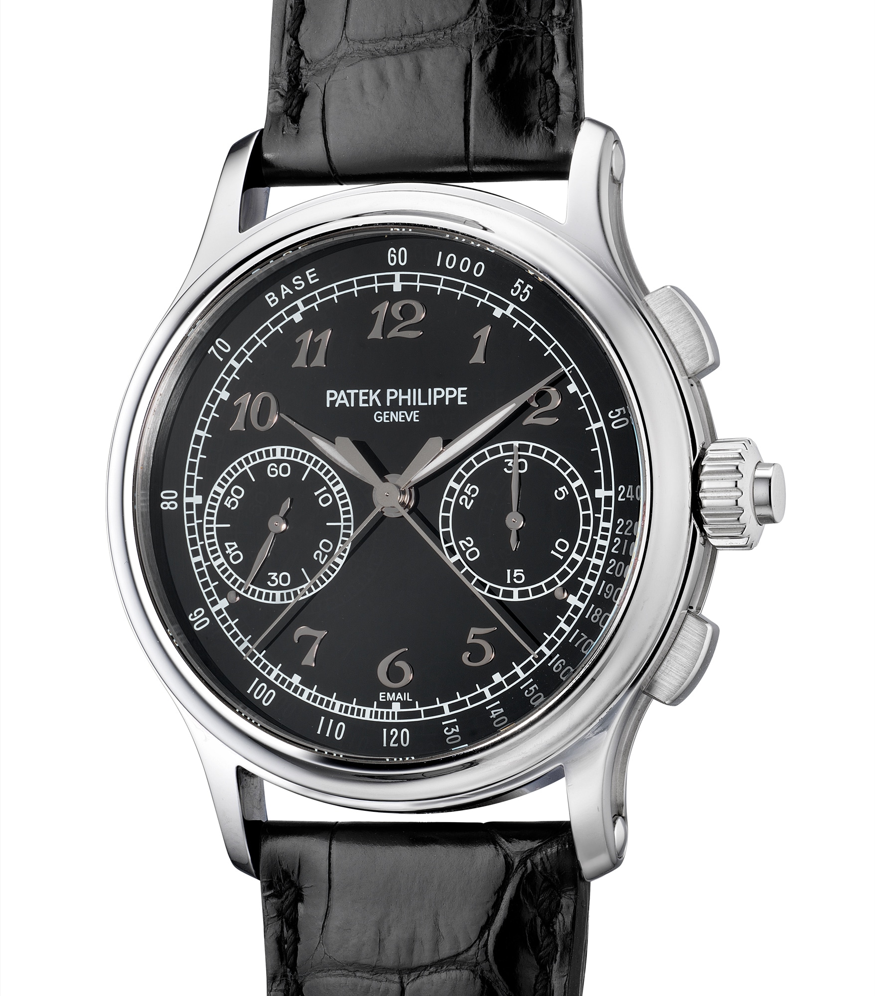 <p><strong>Patek Philippe</strong> Ref. 5370P-001, A superlative and rare platinum split seconds chronograph wristwatch with black enamel dial, Breguet numerals, additional solid case back, Certificate of Origin and presentation box, circa 2017</p>
