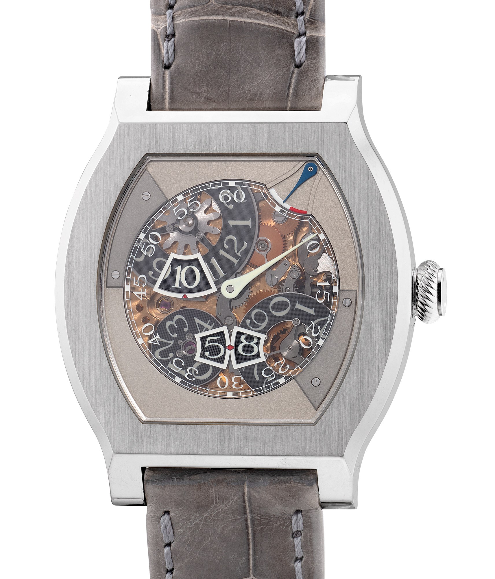 <p><strong>F.P. Journe</strong> A very rare and fine limited edition semi-skeletonized platinum tortue-shaped wristwatch with digital jump hours, and seconds, power reserve indication, certificate and presentation box, numbered 56 of a limited edition of 69 pieces, circa 2018&nbsp;</p>
