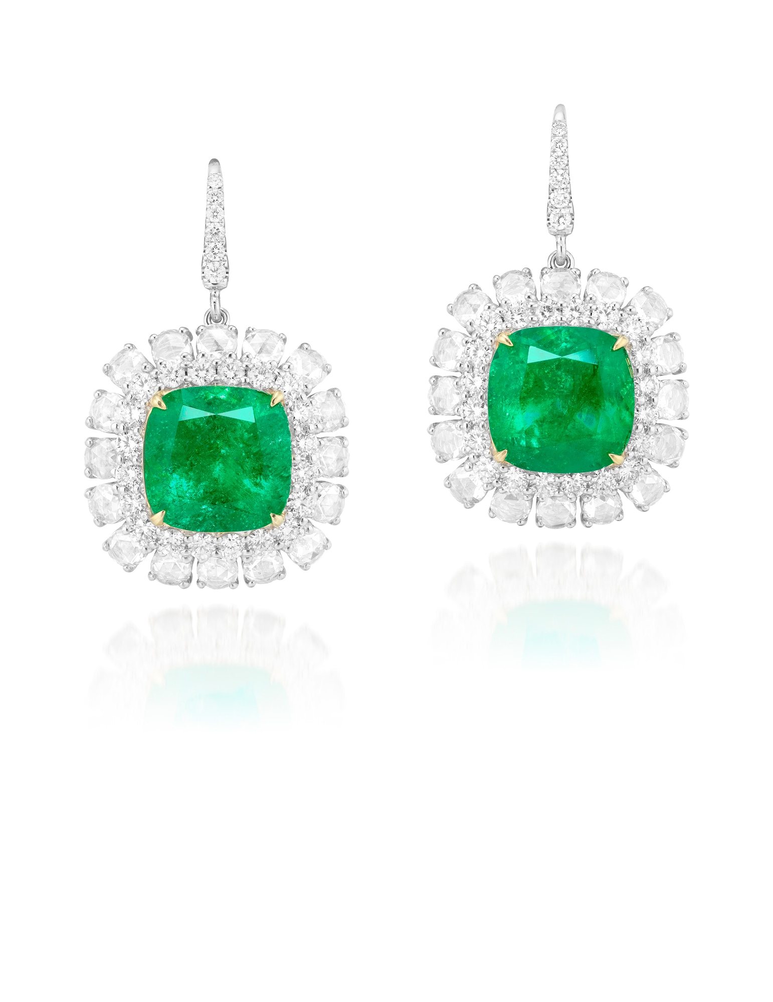 <p>A Pair of 9.36 and 10.29 carat Colombian Emerald and Diamond Earrings</p>