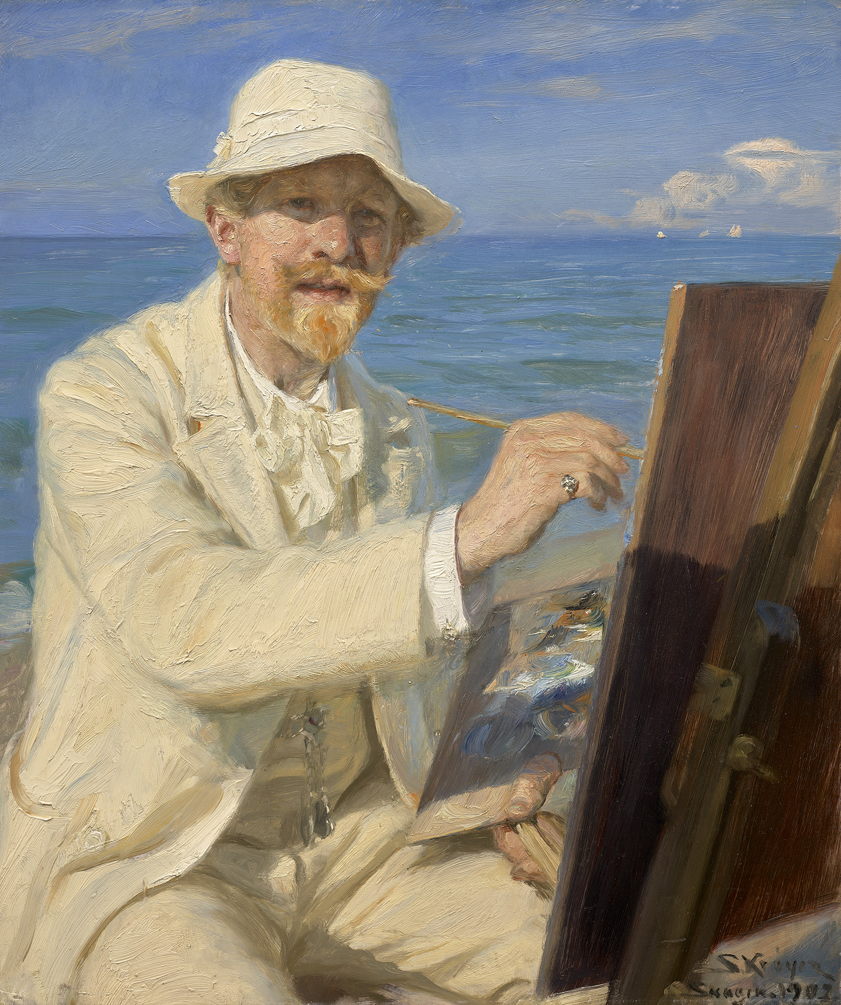 <p><strong>P. S. KR&Oslash;YER</strong>&nbsp;<em>Self-Portrait, Sitting by His Easel at Skagen Beach (Selvportr&aelig;t, siddende ved staffeliet p&aring; Skagens strand),</em>&nbsp;1902</p>
