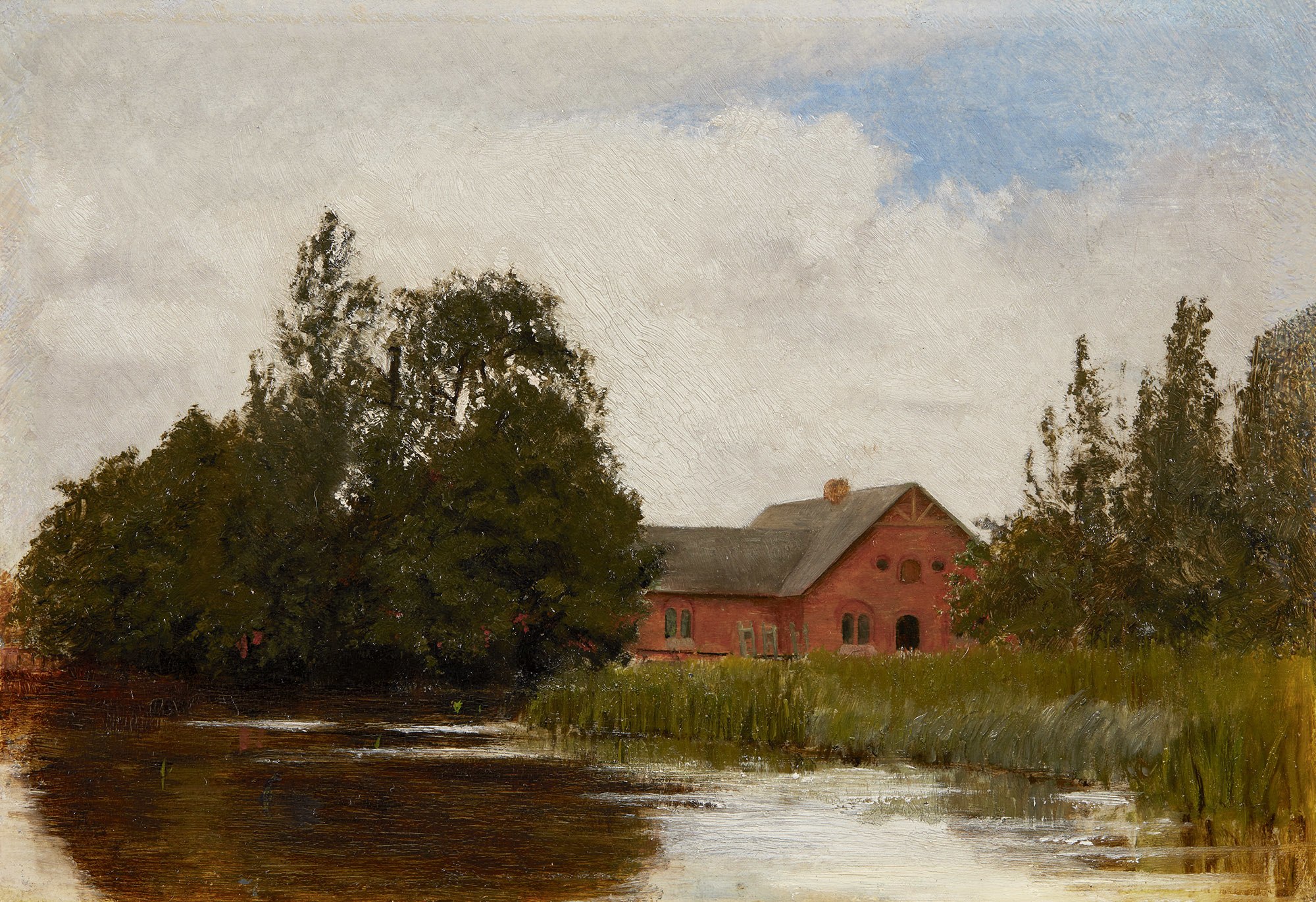 <p><strong>VILHELM HAMMERSHØI</strong> <em>Landscape Study from Haraldskær Paper Mill by the Stream in Vejle (Landskabsstudie. Fra Haraldskær Papirfabrik ved Vejle å), </em>1883</p>