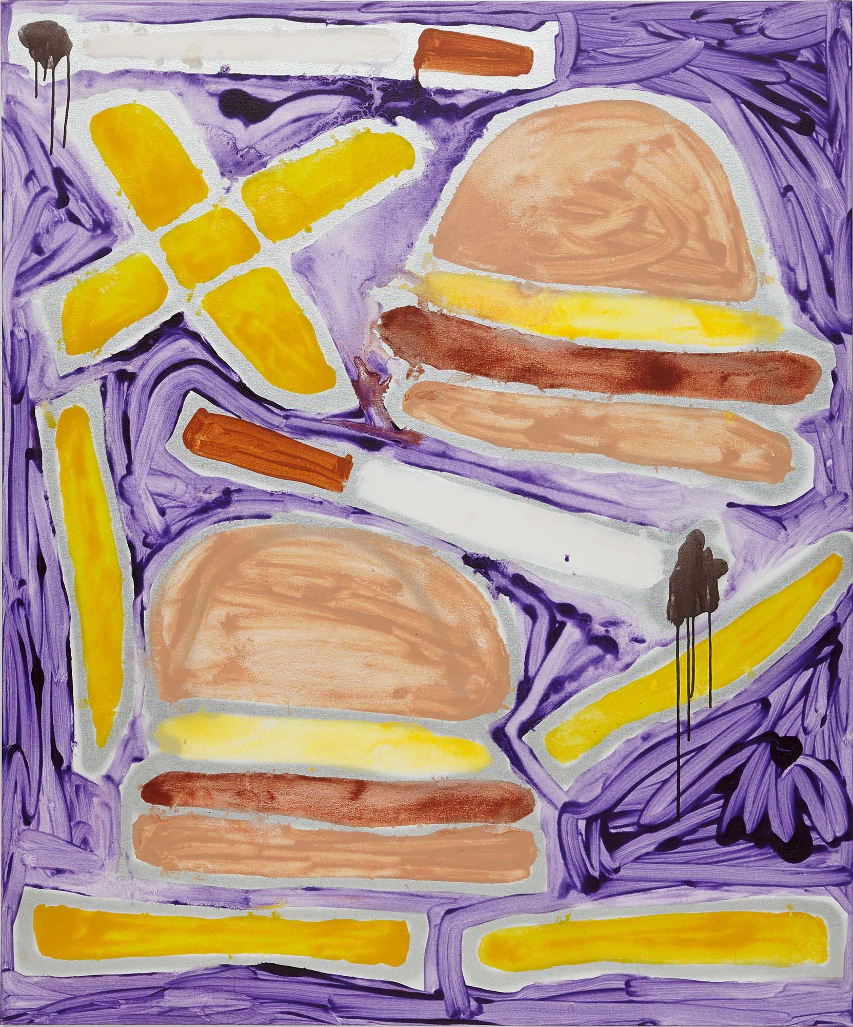 <b>KATHERINE BERNHARDT</b> <i>Hamburgers French Fries + Cigarettes</i>, 2014