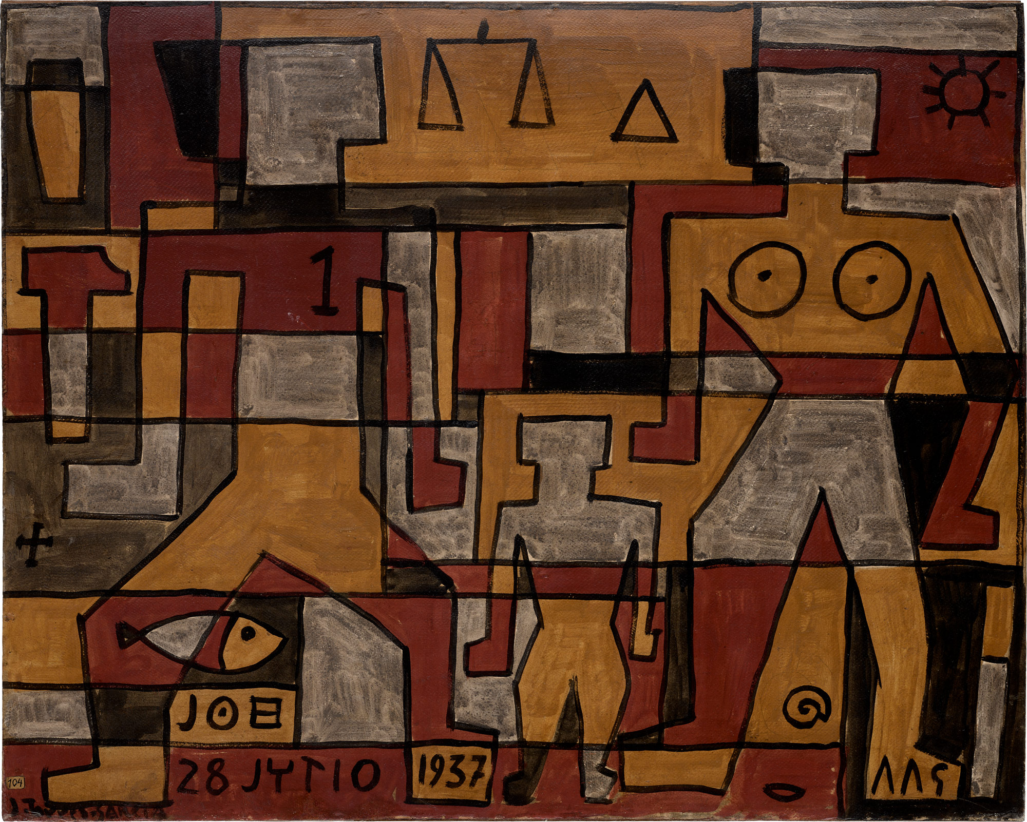 <p><strong>JOAQUÍN TORRES-GARCÍA</strong><em><strong> </strong>Tres figuras en estructura</em>, 1937</p>