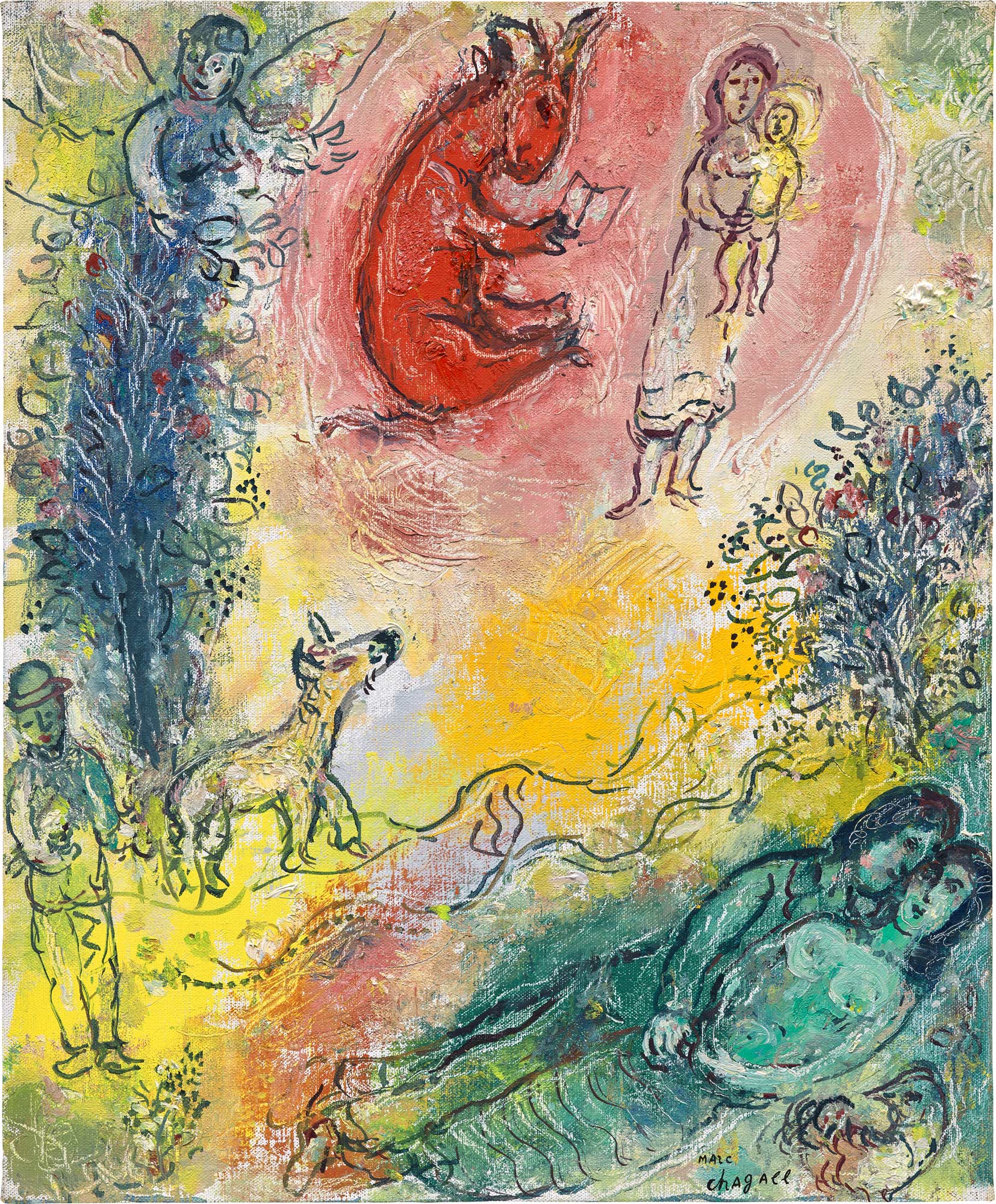 <p><strong>MARC CHAGALL</strong> <em>Bouc rouge lisant au-dessus des amoureux au repos</em>, 1971</p>
