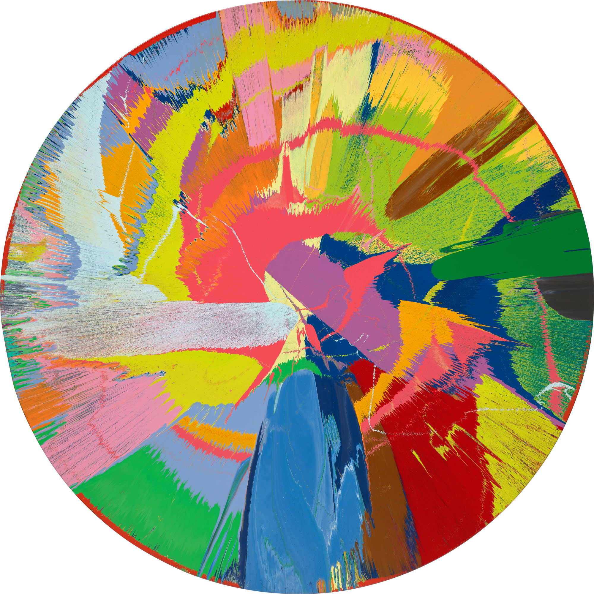 <p><strong>DAMIEN HIRST </strong><em>beautiful, red, edgy, ejaculating, pooh, comet, purple, spunk painting</em>, 1997</p>