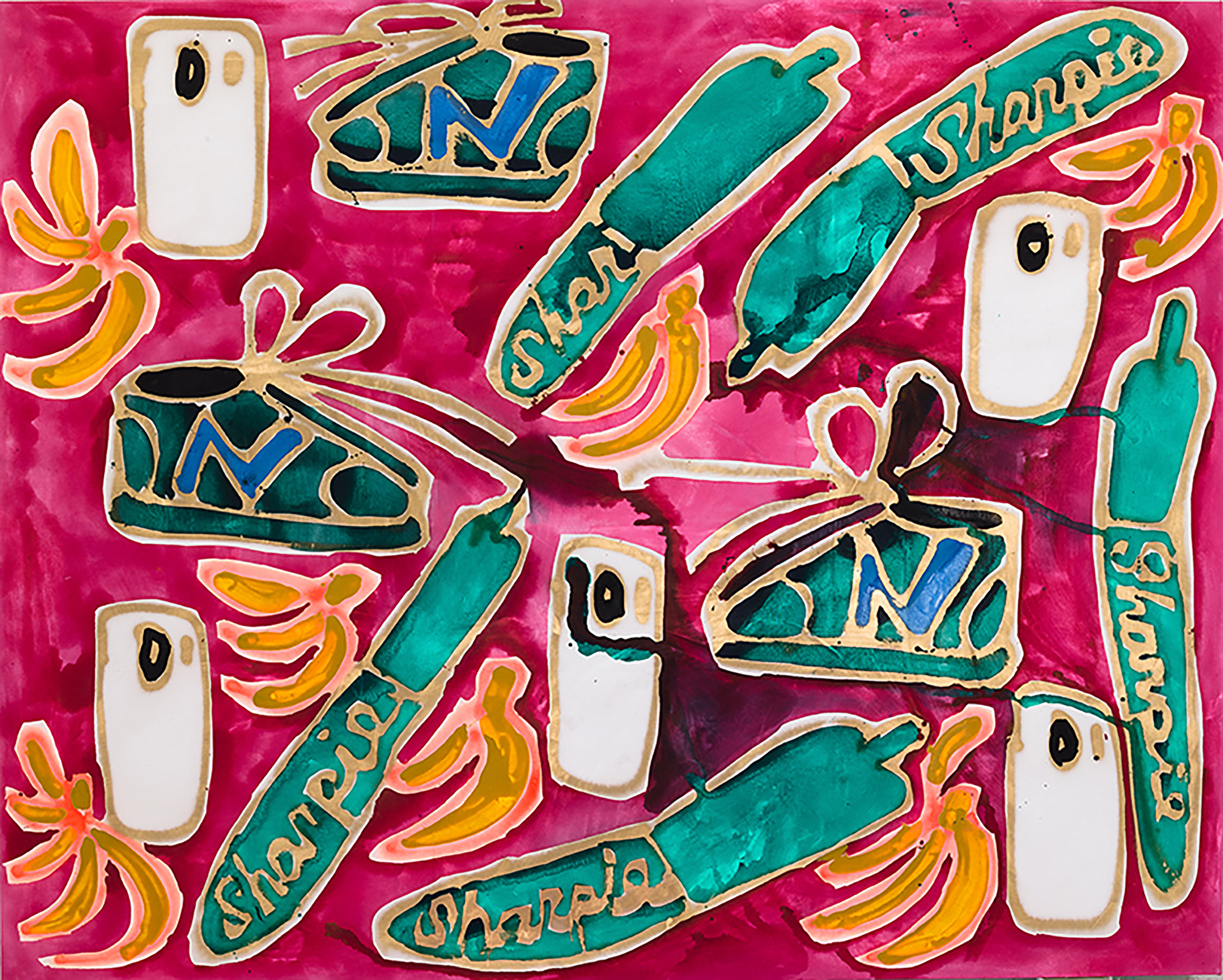 <p><strong>KATHERINE BERNHARDT</strong> <em>Sharpies, bananas, new balance and G4 cell phones</em>, 2015</p>
