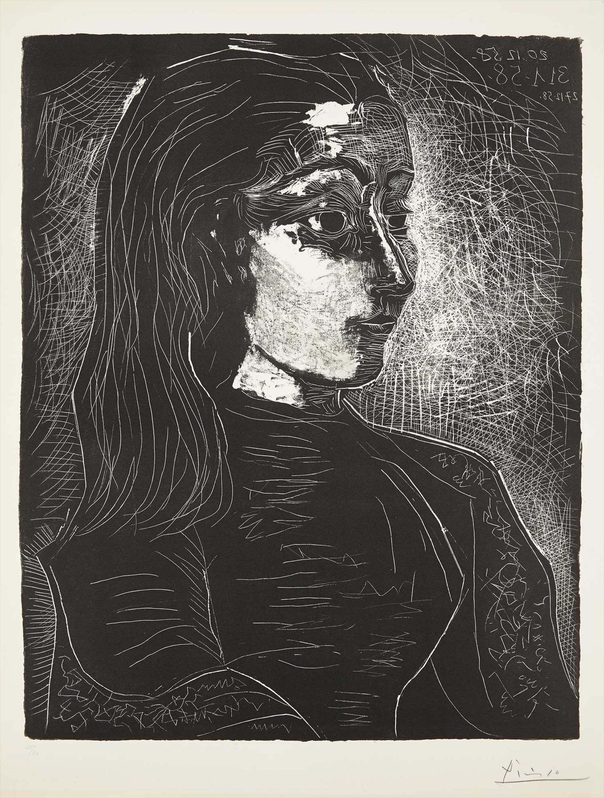 <b>PABLO PICASSO</b> <i>Jacqueline de profil à droite (Portrait of Jacqueline, Right Profile)</i>, 1958