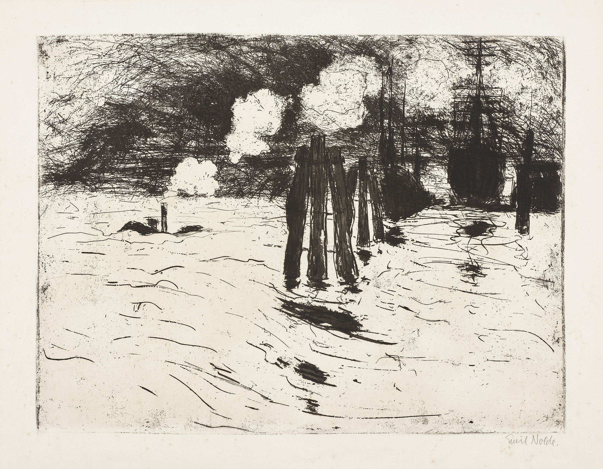 <p><strong>EMIL NOLDE<em> </em></strong><em>Hamburg, Schiff im Dock (S. E138), </em>1910</p>
