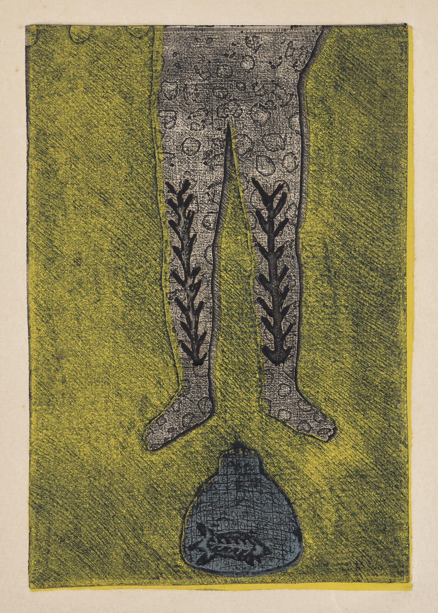 <p><strong>BELKIS AYON </strong><em>Sin t&iacute;tulo [Piernas marcadas y botija con pez]</em>, 1986</p>
