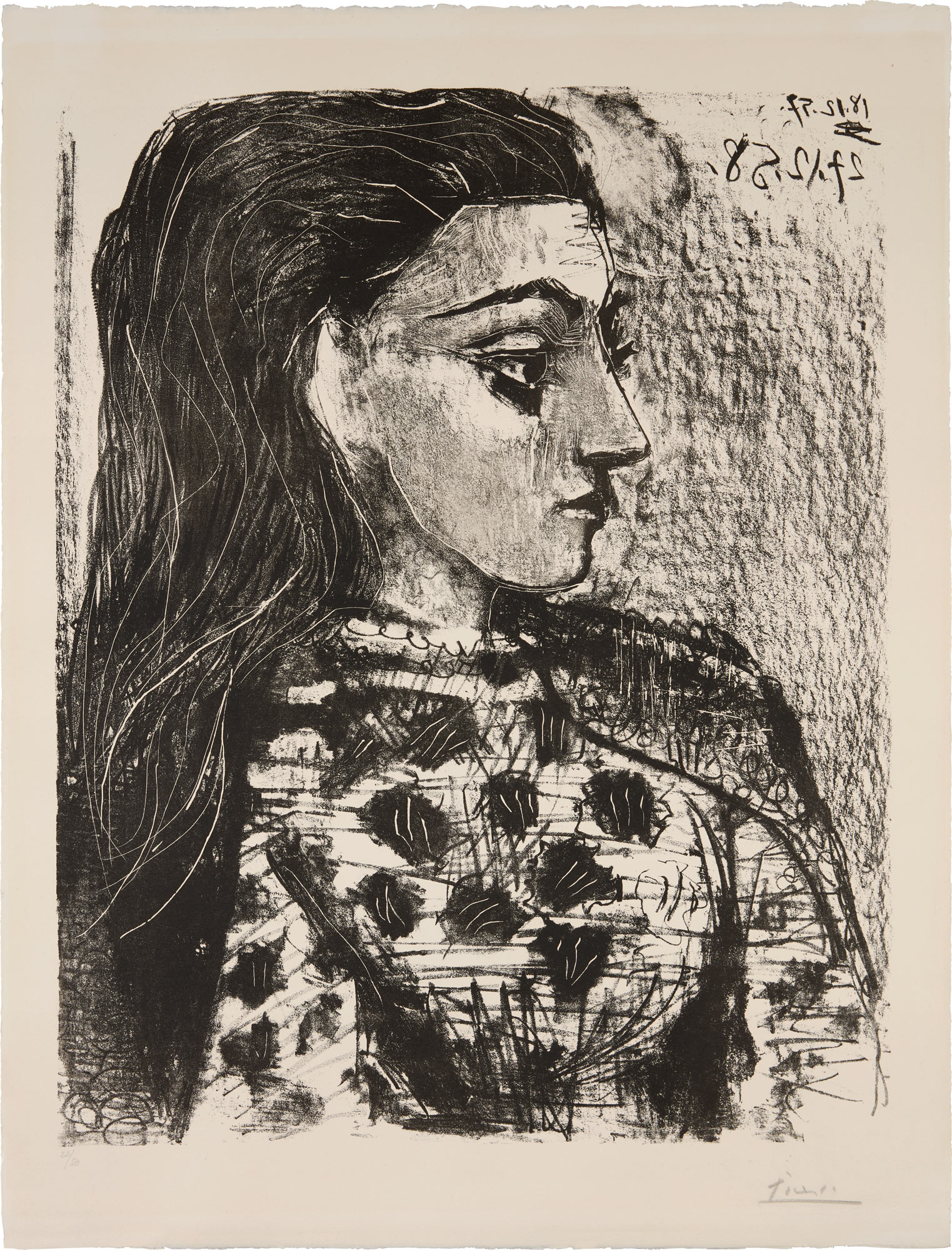 <p><strong>PABLO PICASSO </strong><em>Buste au corsage &agrave; carreaux (Bust with Checkered Bodice),</em> 1958</p>
