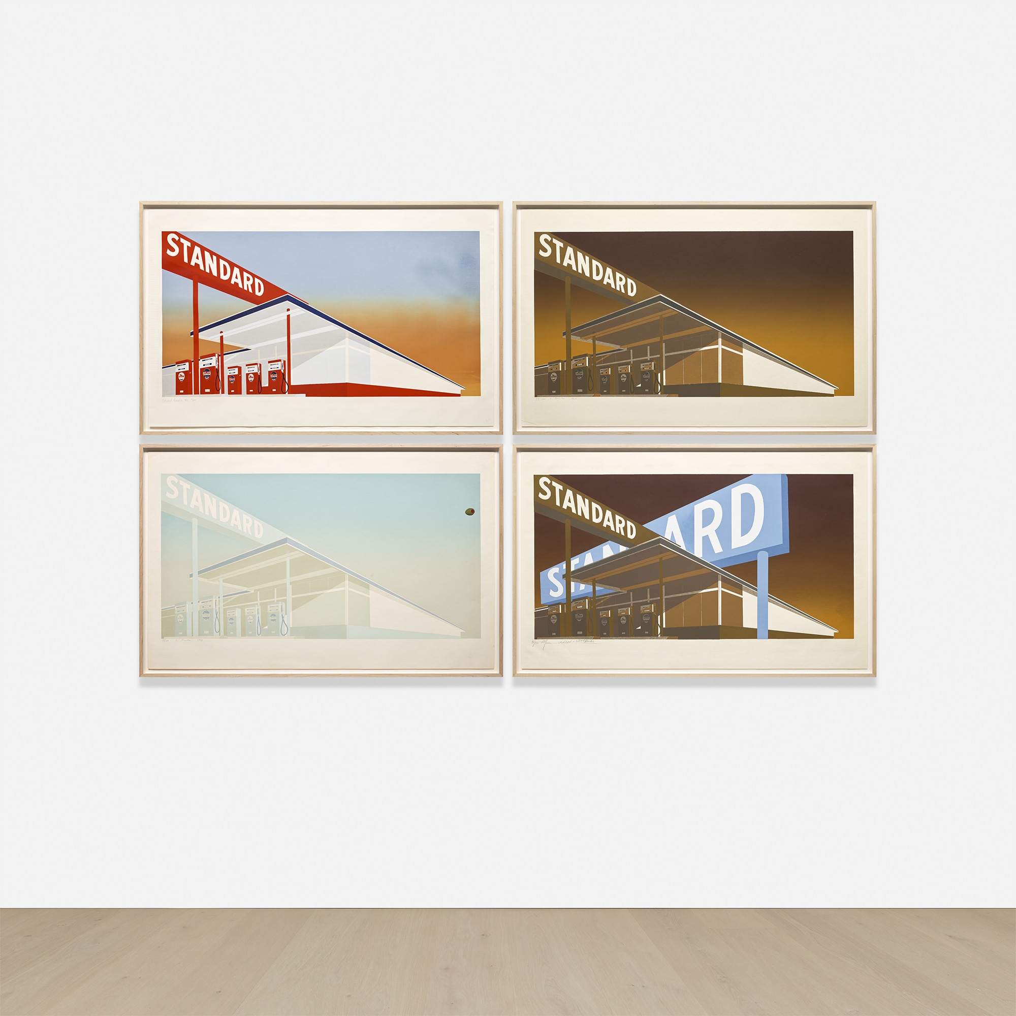 <p><strong>ED RUSCHA</strong> <em>Standard Station; Mocha Standard; Cheese Mold Standard with Olive; and Double Standard, </em>$900,000-1,200,000</p>
