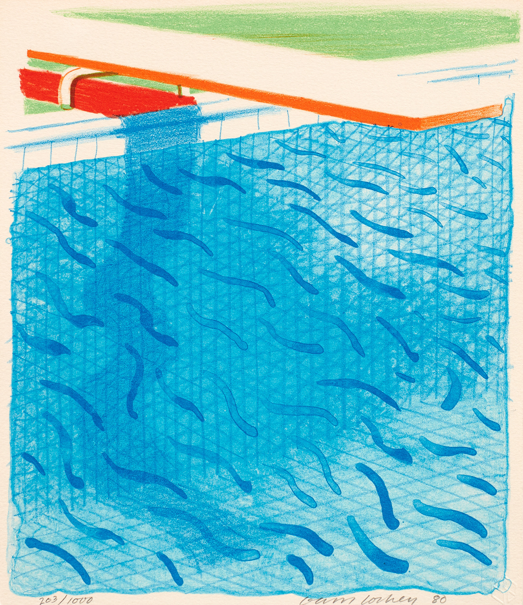 <p><strong>DAVID HOCKNEY</strong> <em>Pool Made with Paper and Blue Ink for Book, from Paper Pools,</em> 1980</p>