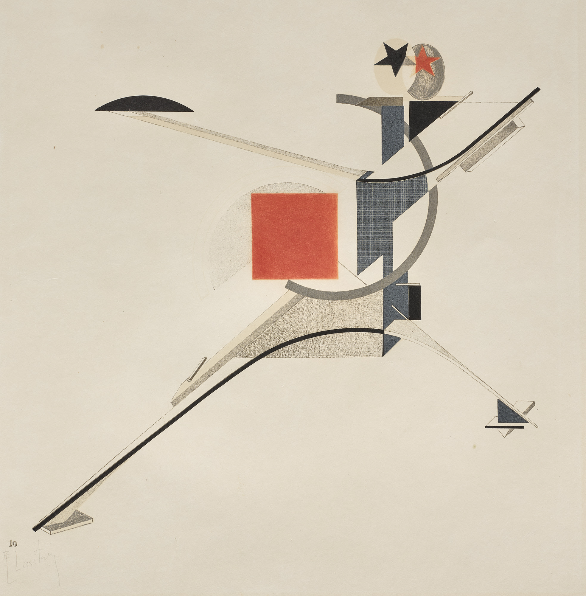 <p><strong>EL LISSITZKY</strong> <em>New Man, plate 10 from The Three-Dimensional Design of the Electro-Mechanical Show 'Victory over the Sun',</em> $15,000–25000</p>