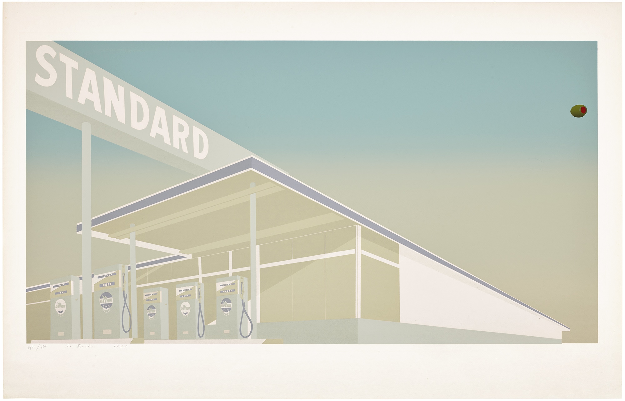 <p><strong>ED RUSCHA</strong> <em>Cheese Mold Standard with Olive (E. 31), </em>1969</p>