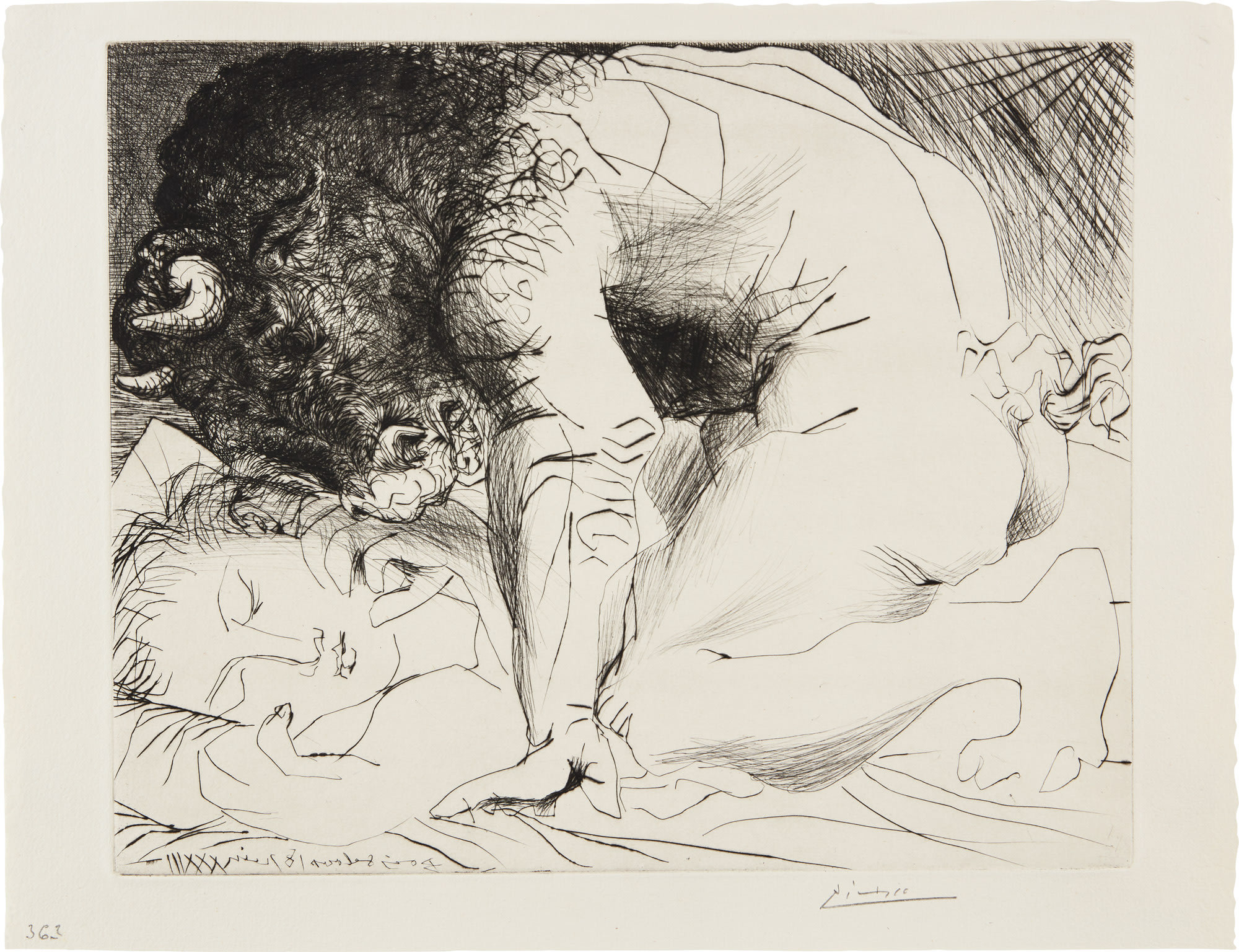 <p><strong>PABLO PICASSO</strong> <em>Minotaure caressant une dormeuse (Minotaur Caressing a Sleeping Woman), plate 93</em> from <em>La Suite Vollard,</em> 1933</p>