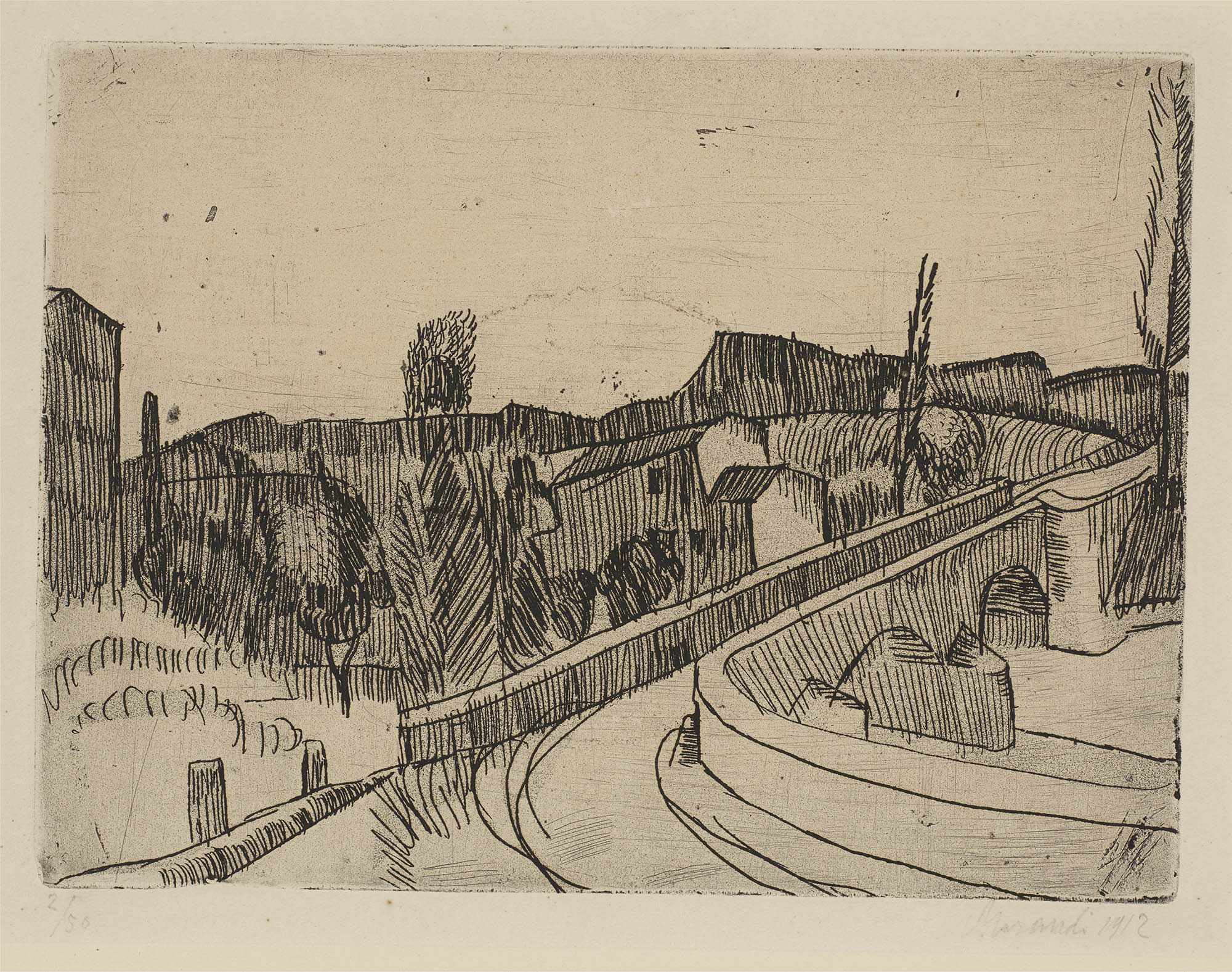 <p><strong>GIORGIO MORANDI</strong> <em>Il ponte sul Savena a Bologna (The Bridge Over the Savena in Bologna), </em>1912</p>
