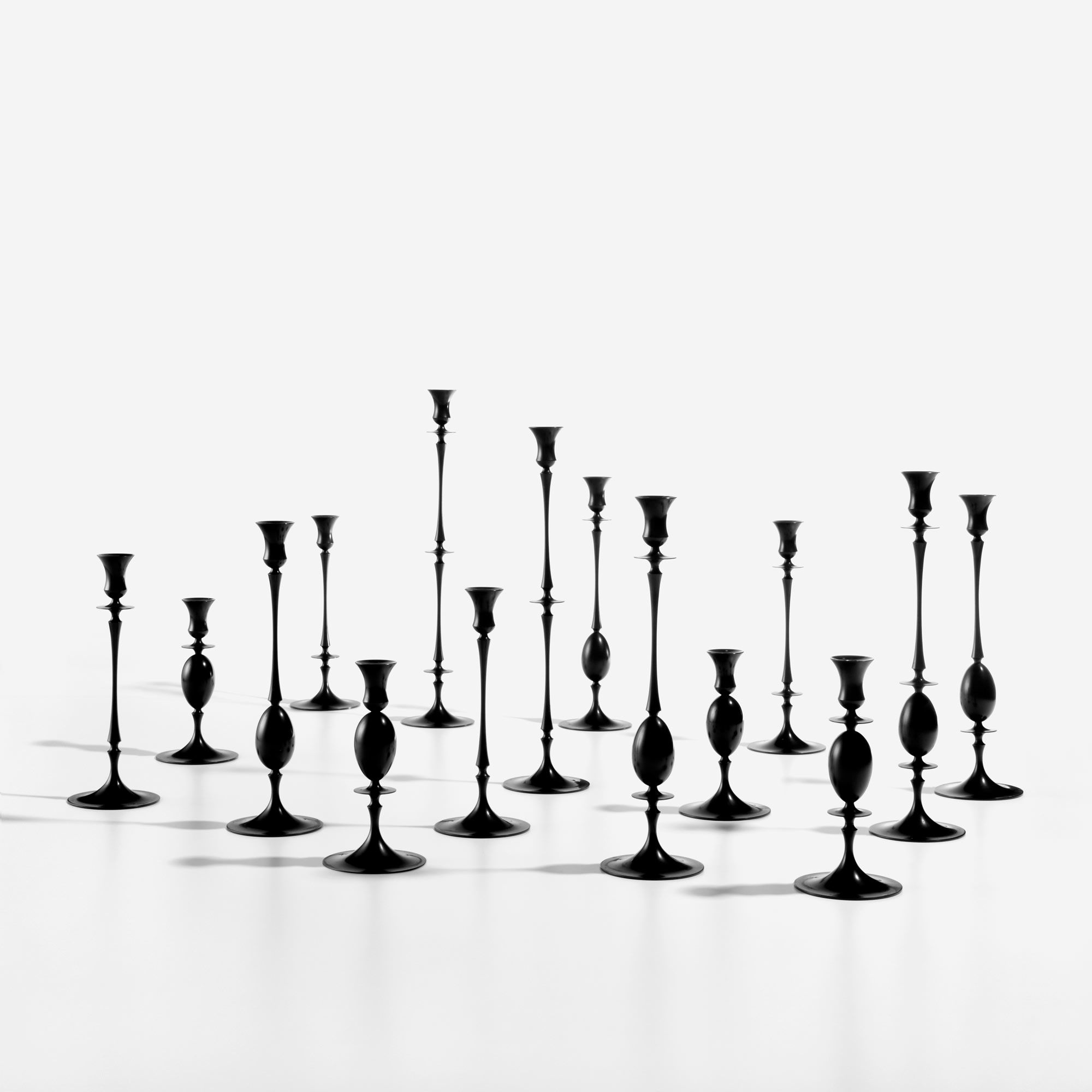 <p><strong>TED MUEHLING</strong> <em>Group of fifteen "Biedermeier" candlesticks,</em> circa 2004</p>