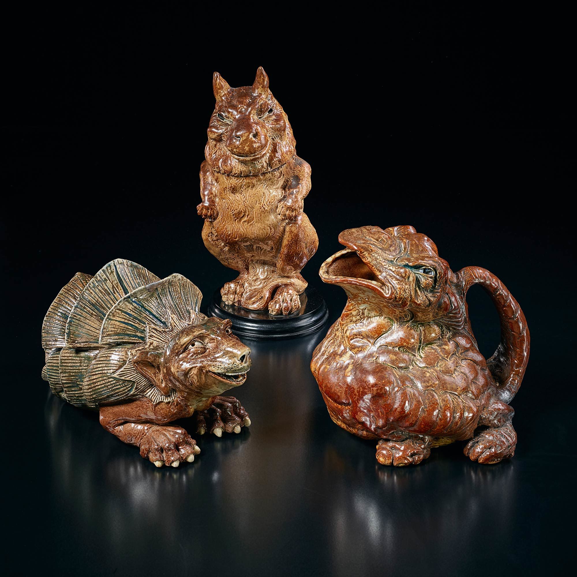 <b>R. W. MARTIN & BROTHERS</b> Grotesque and smiling armadillo creature, 1894; Grotesque and fantastic creature, March 1899; Grotesque toothed 'Bandersnatch' spoon warmer, 1900