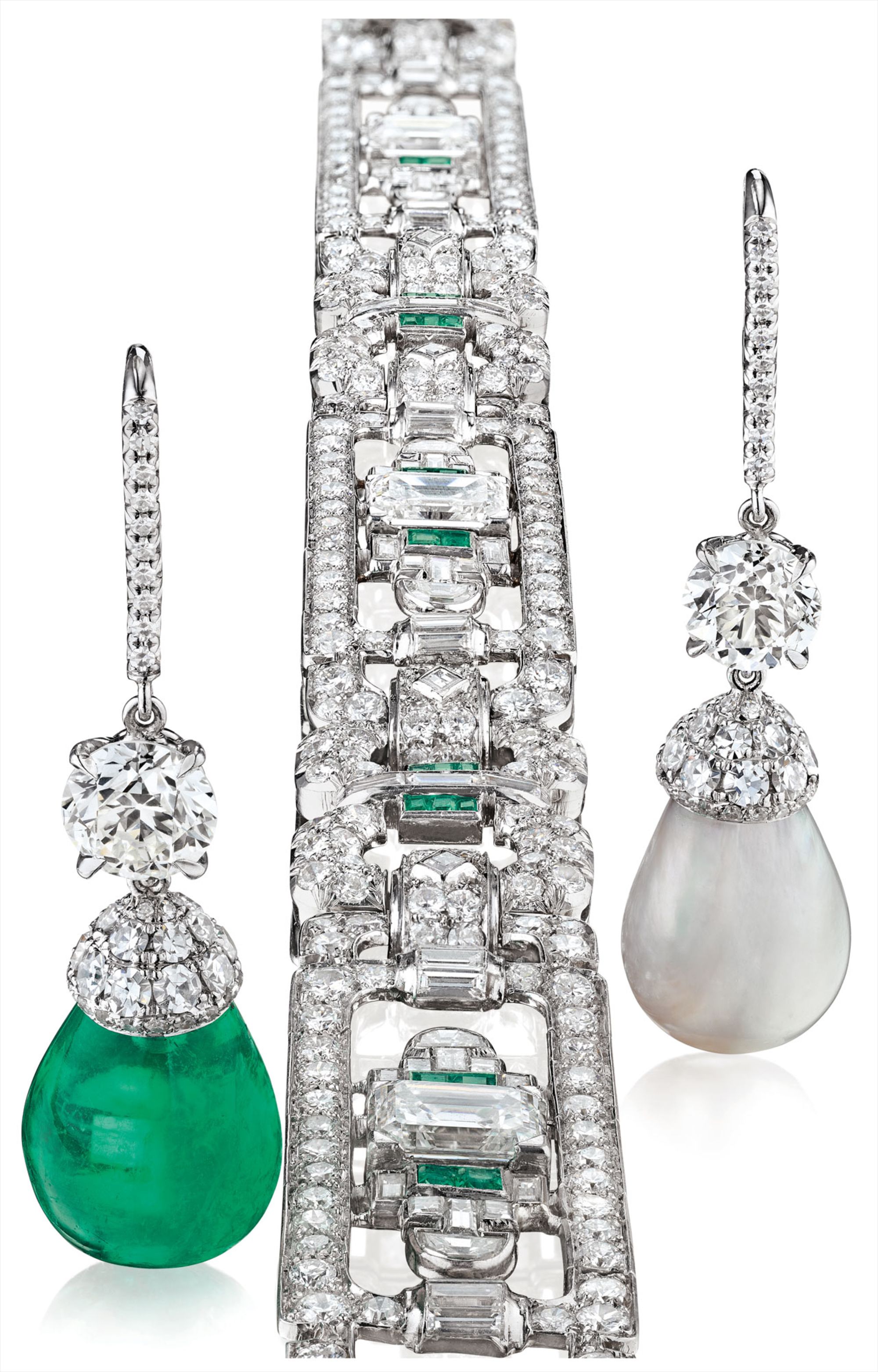 A Pair of Emerald, Natural Pearl and Diamond Ear Pendants; An Art Deco Diamond and Emerald Bracelet