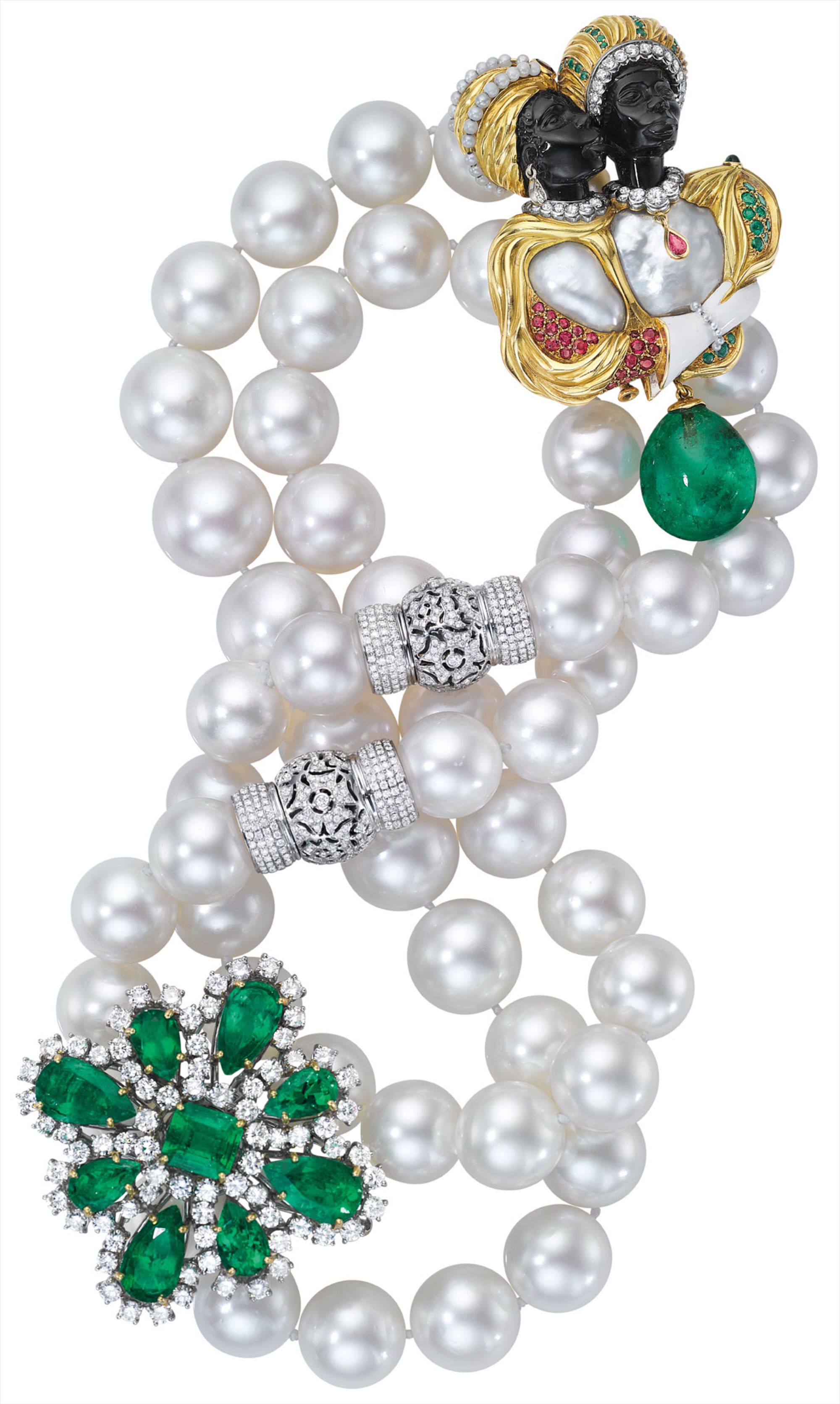 A Unique Gold, Platinum, Emerald, and Multi-Gem 'Kissing Blackamoor' Brooch - VERDURA; An Important Colombian Emerald and Diamond Brooch/Pendant Necklace; A South Sea Cultured Pearl and Diamond Necklace