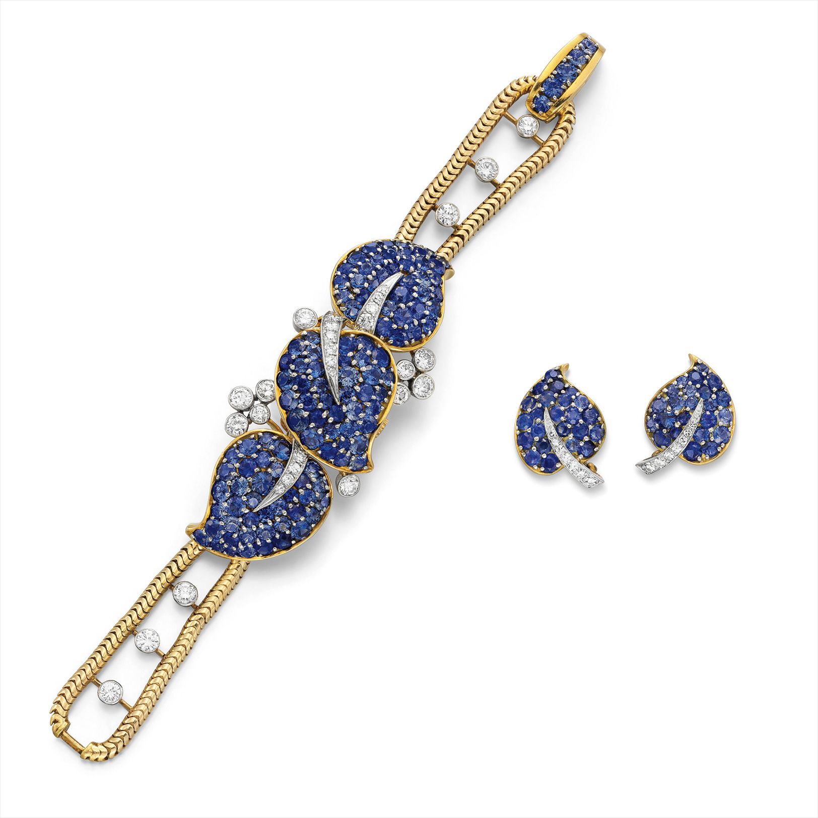 <b>VAN CLEEF & ARPELS</b> <i>A Retro Sapphire, Diamond, and Gold 'Feuilles' Suite</i>, 1950