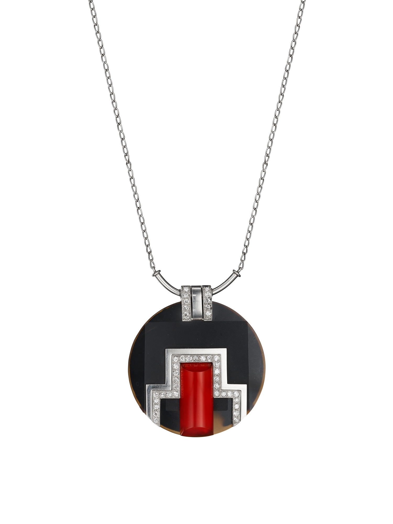 <p><em>Art Deco Diamond, Chalcedony, and Banded Agate Pendant Necklace</em></p>