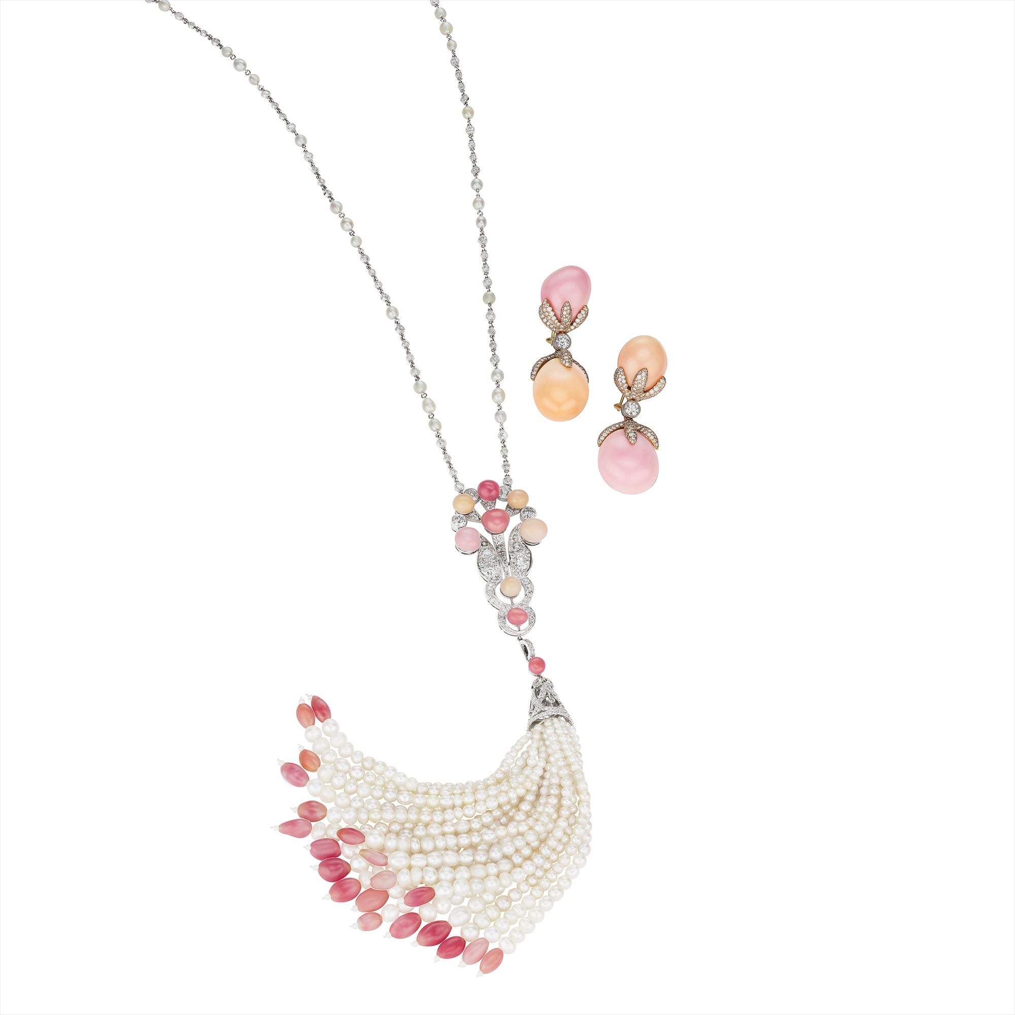 <i>An Exquisite Natural Pearl, Conch Pearl, and Diamond Necklace; An Exceptional Pair of Conch Pearl and Diamond Ear Pendants </i>