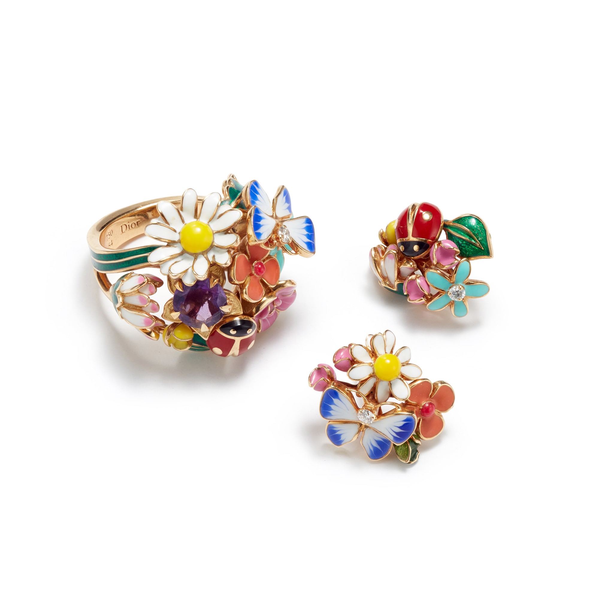 A Pair of Enamel, Diamond and Amethyst 'Diorette' Earrings and Ring, Christian Dior