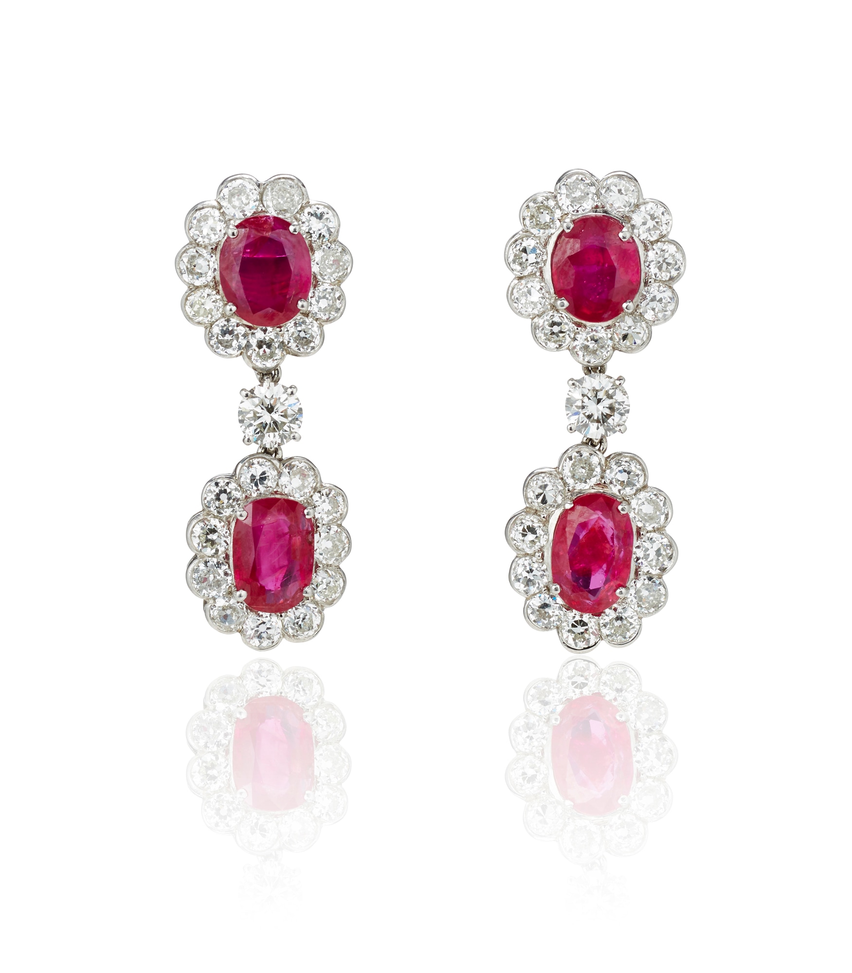 <p>A Pair of Ruby, Diamond and Platinum Earrings</p>