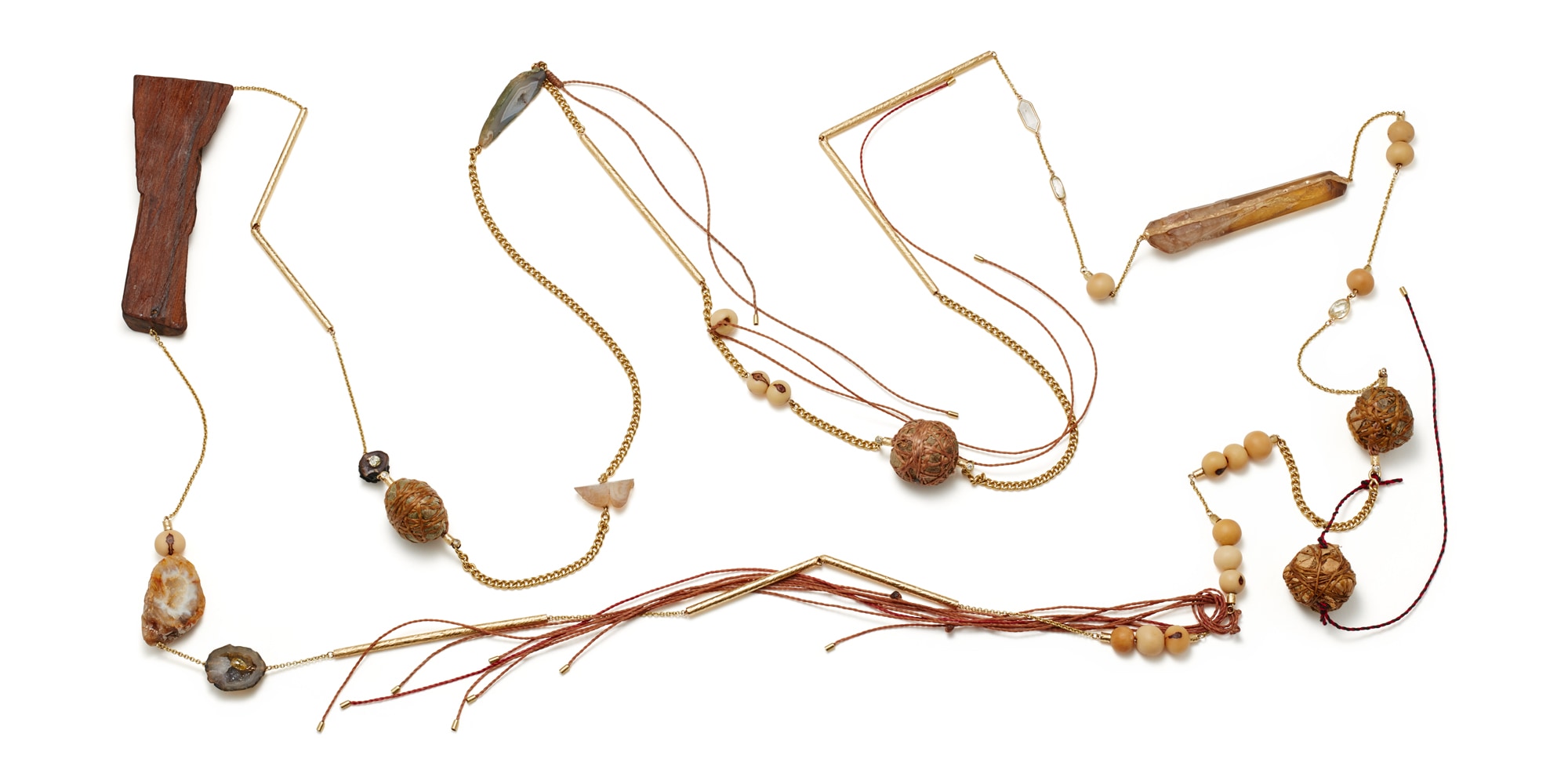 <p><strong>FRANCISCO COSTA AND FRED LEIGHTON</strong> A Diamond, Colored Diamond, Quartz, Wood and Gold Necklace</p>