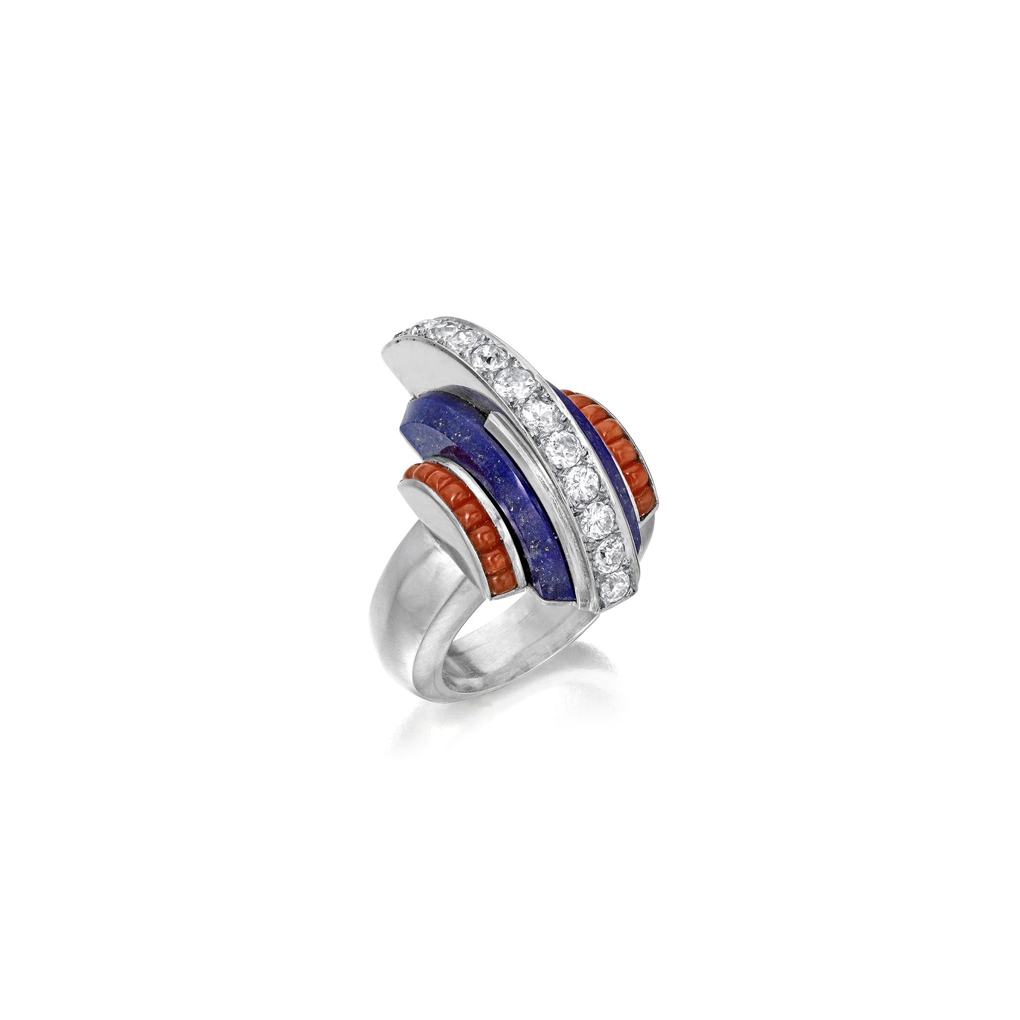 <p><em>Art Deco Lapis Lazuli, Coral and Diamond Ring</em></p>