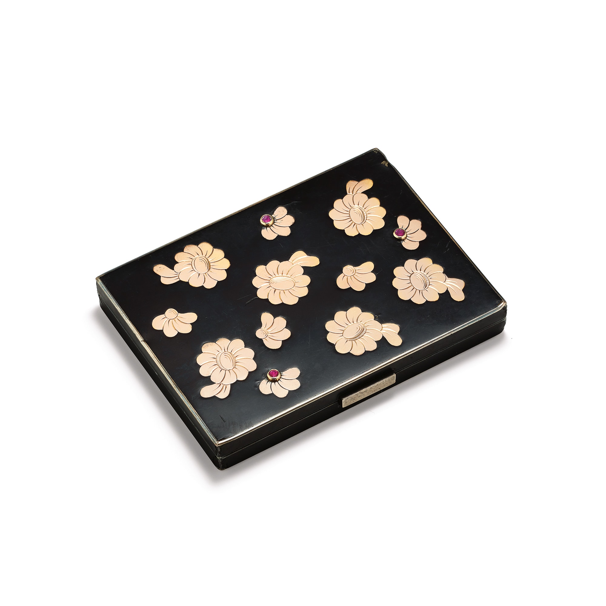 <b>VAN CLEEF &amp; ARPELS.</b> An Art Deco Lacquer, Ruby, Gold and Silver Poudeier