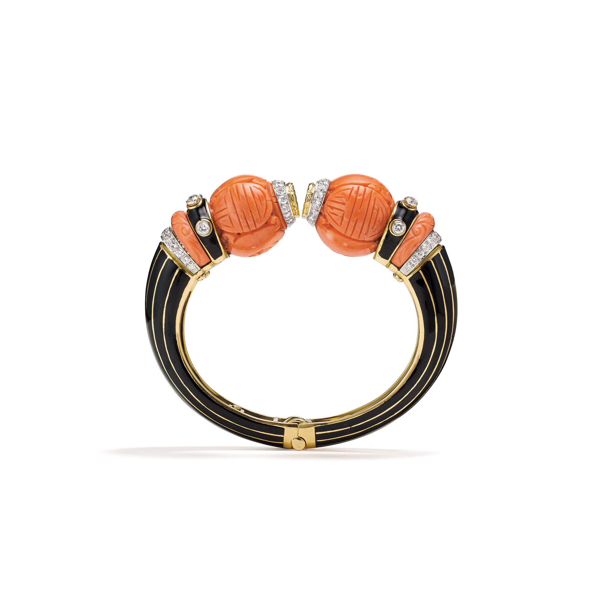 <b>DAVID WEBB. </b>A Coral, Diamond, Enamel, Platinum and Gold Bracelet