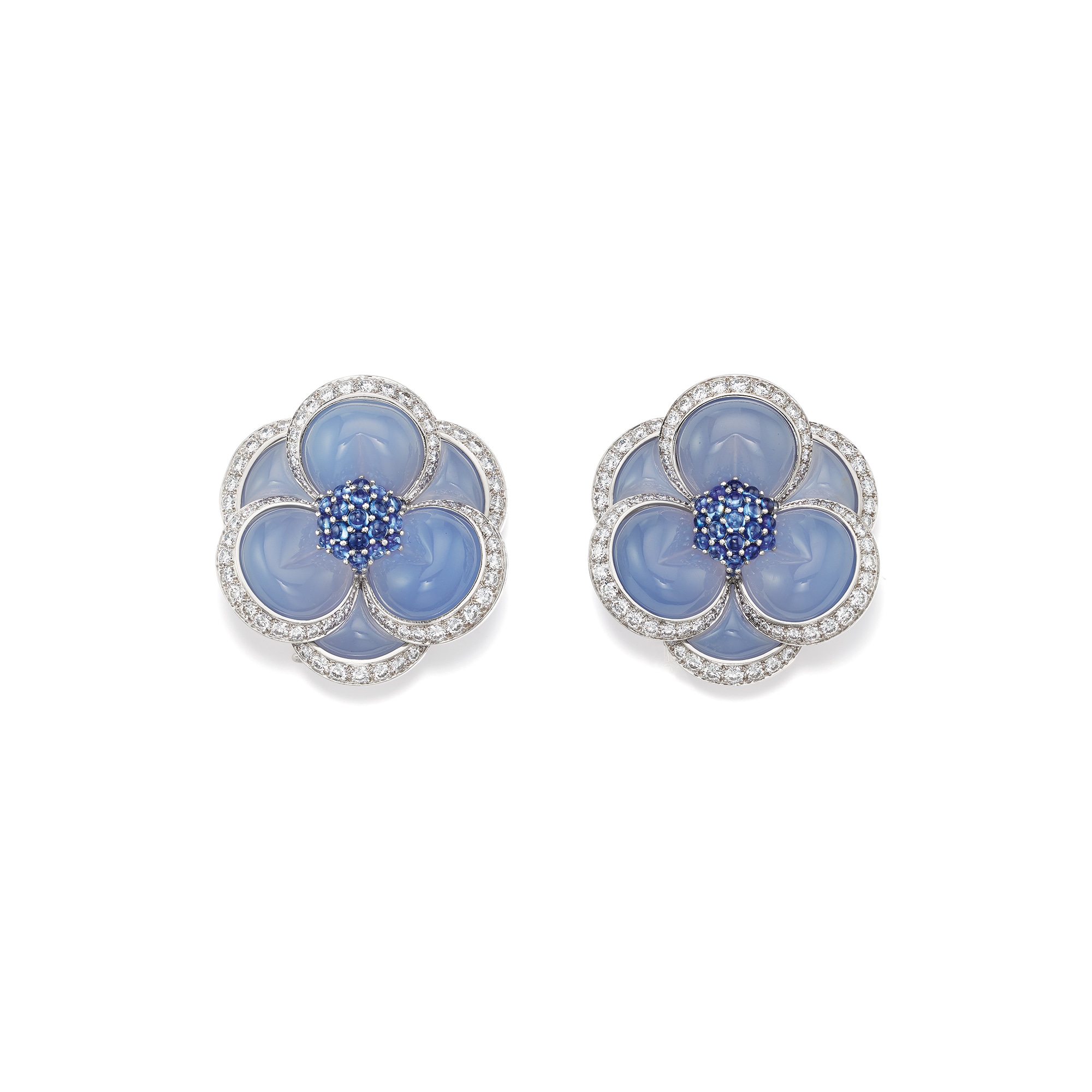 <b>VAN CLEEF &amp; ARPELS.</b> A Pair of Chalcedony, Diamond, Sapphire and Gold 'Blue Gardenia' Brooches