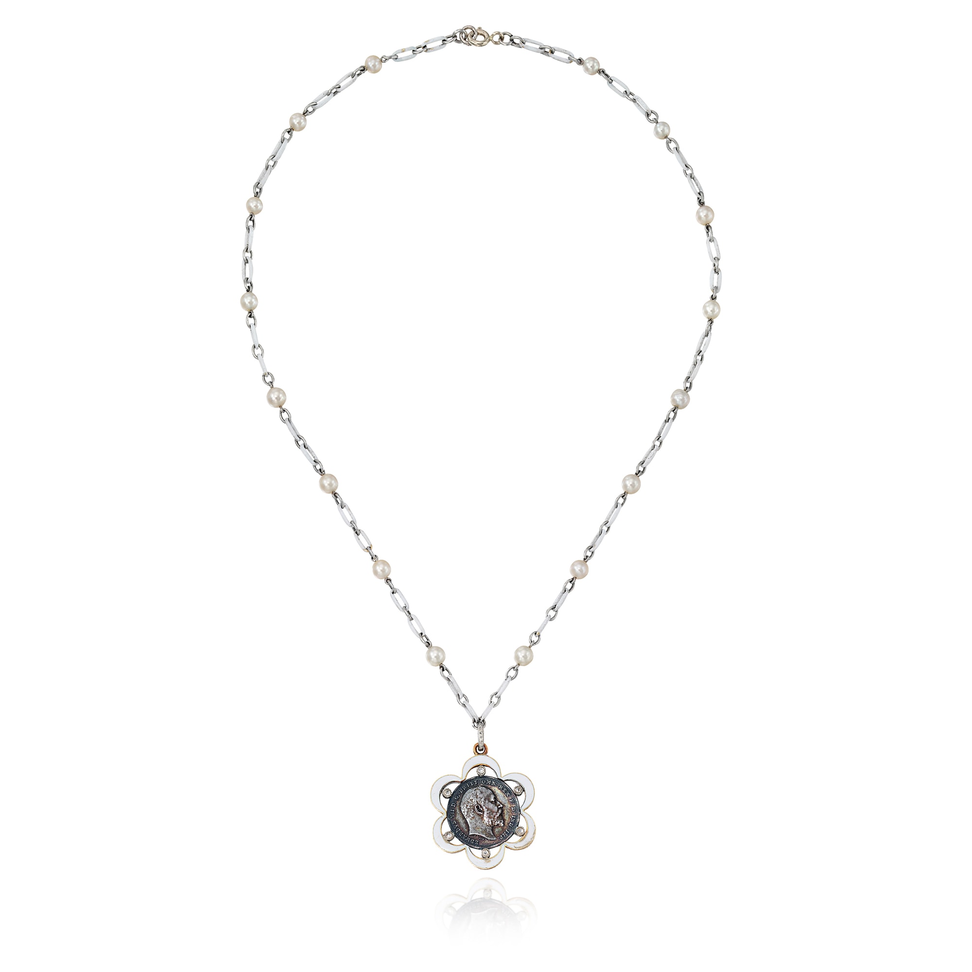 <p><strong>CARTIER</strong><em> A Natural Pearl, Enamel, Diamond, Edward VII Coin, Platinum and Gold Necklace </em></p>