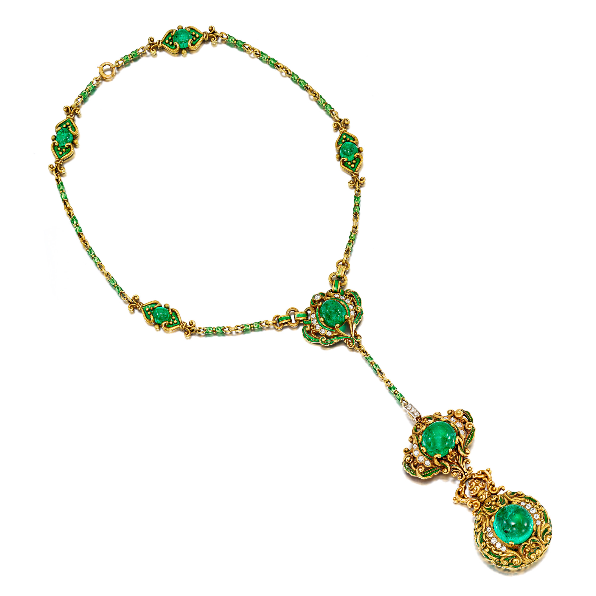 <p><strong>MARCUS & CO</strong> <em>An Arts and Crafts Emerald, Enamel, and Gold Pendant Watch Necklace </em></p>
