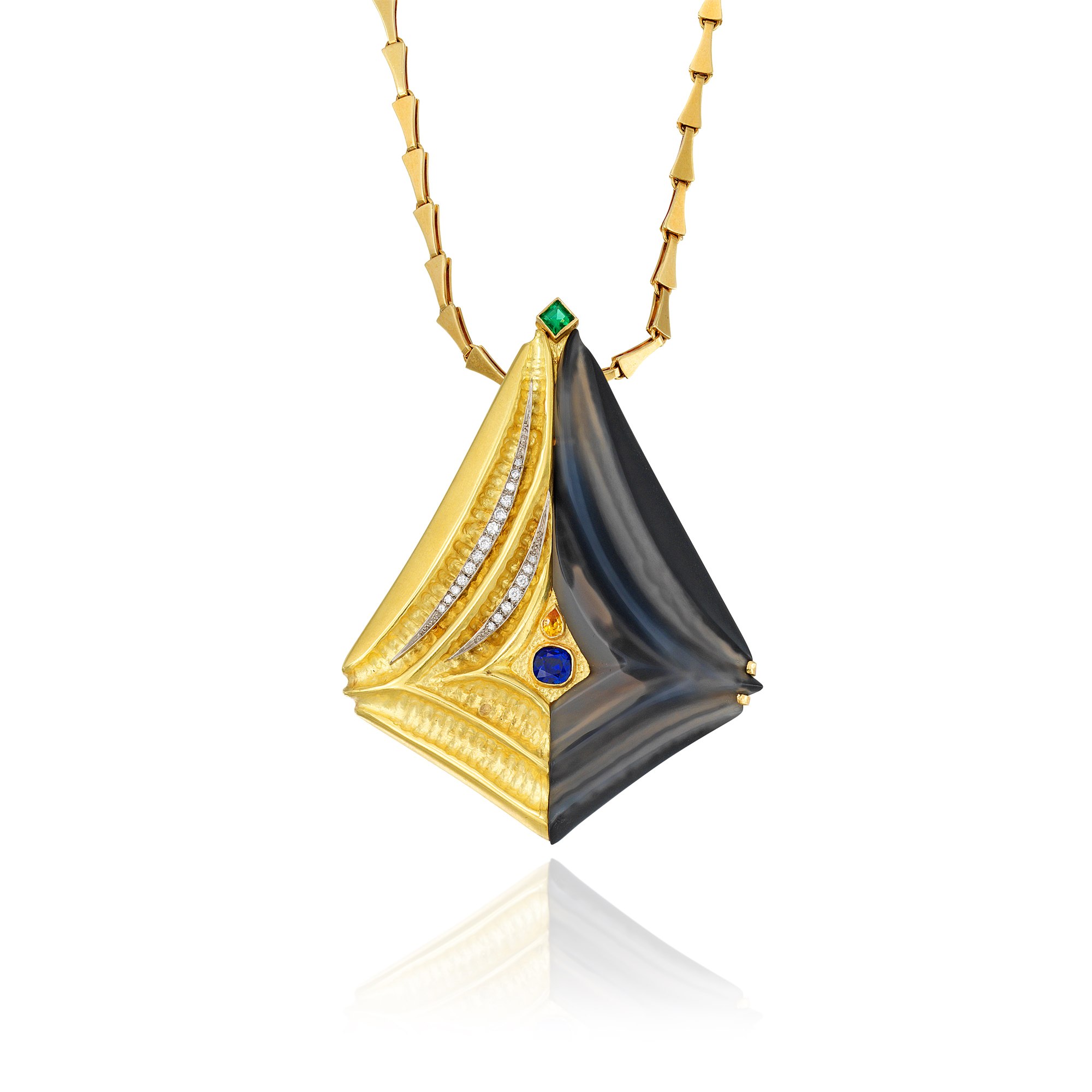 <p><strong>GRIMA</strong> <em>A Smoky Quartz, Diamond, Emerald, Sapphire, and Gold Pendant</em></p>