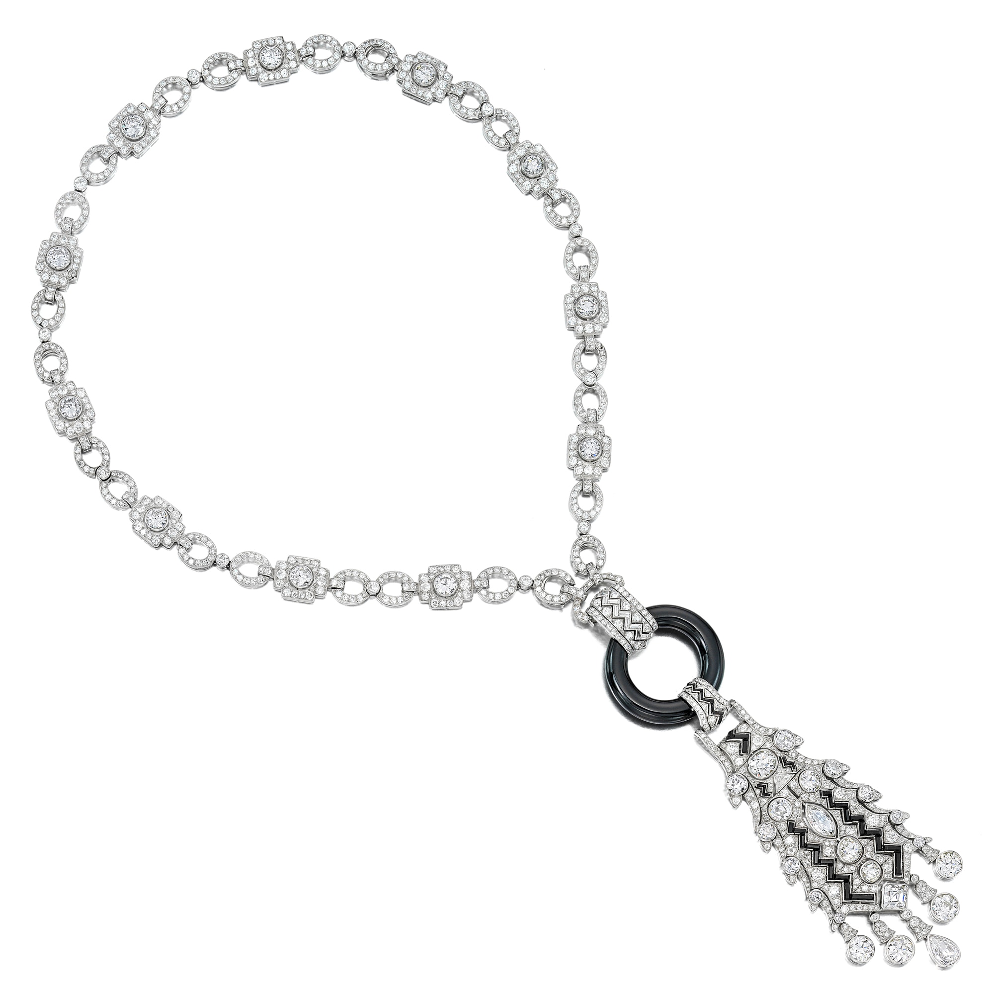 <p><strong>CARTIER</strong> <em>An Art Deco Diamond, Onyx, and Platinum Pendeloque with a French Art Deco Diamond and Platinum Necklace</em></p>