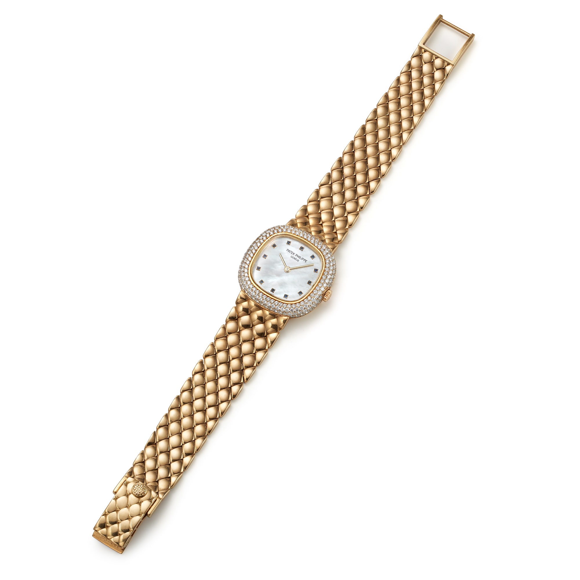 <p><strong>PATEK PHILIPPE. </strong>A Mother-of-Pearl, Diamond, Sapphire, and Gold Wristwatch'</p>