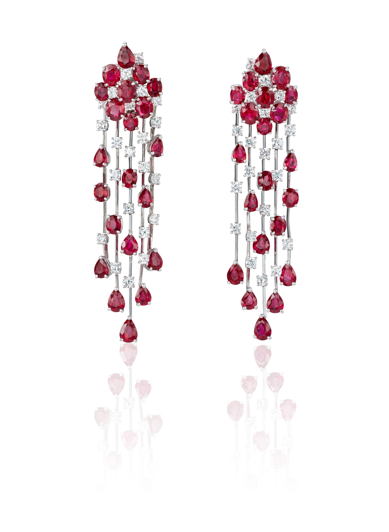 <p><strong>GRAFF</strong>. A Pair of Ruby, Diamond and Gold 'Waterfall' Earrings</p>