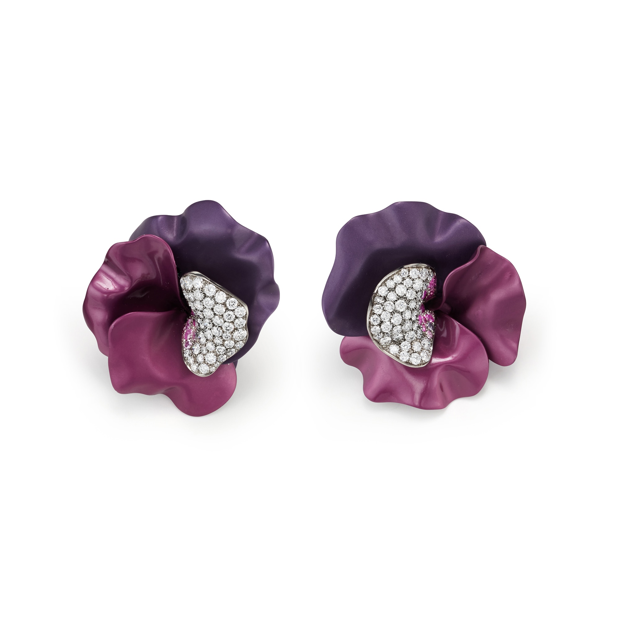 <p><strong>MARGHERITA BURGENER</strong>. A Pair of Diamond, Fancy Sapphire, Gold and Titanium Earrings</p>